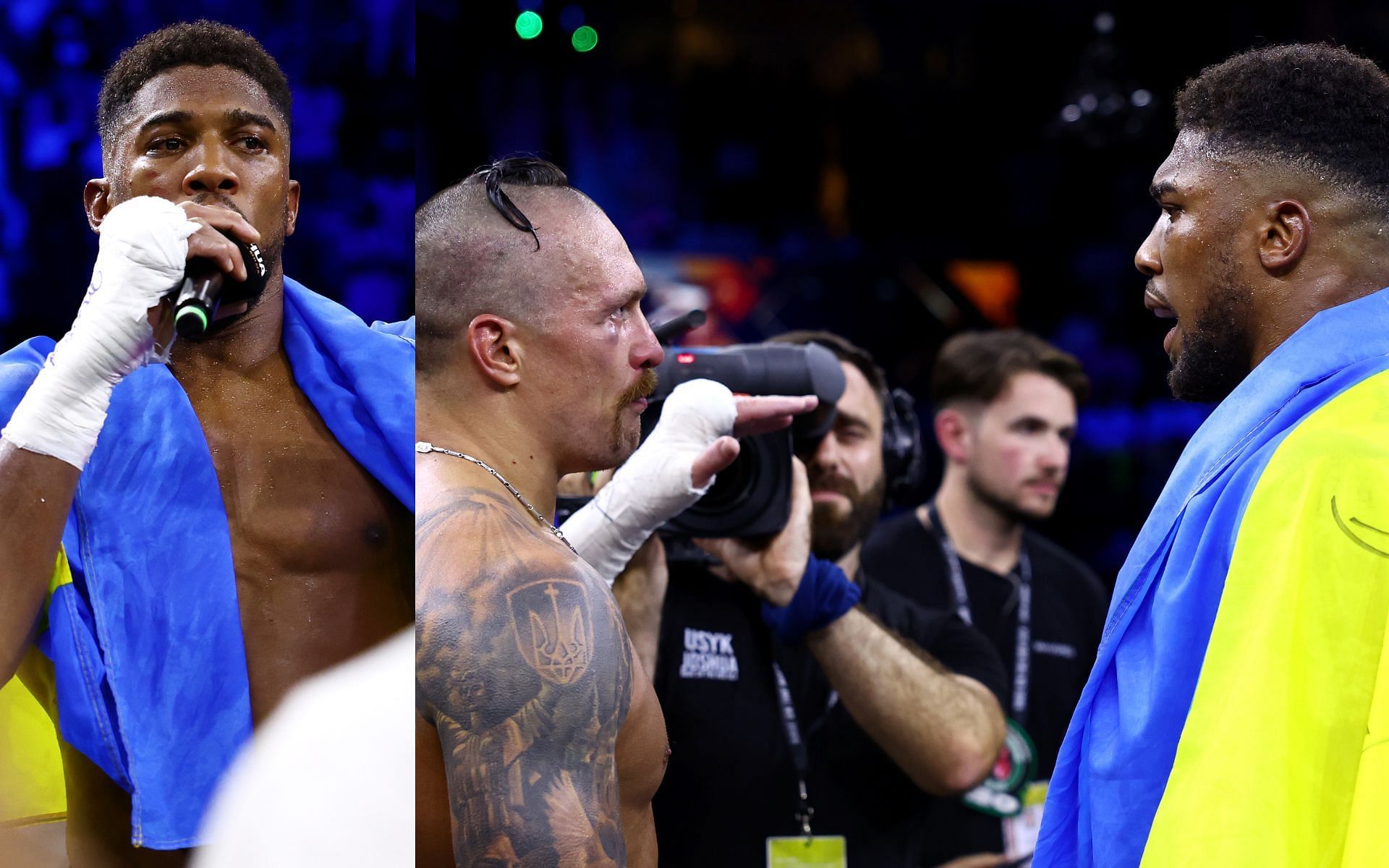 Anthony Joshua addresses the crowd (left) and speaks to Oleksandr Usyk (right). [via Getty Images]