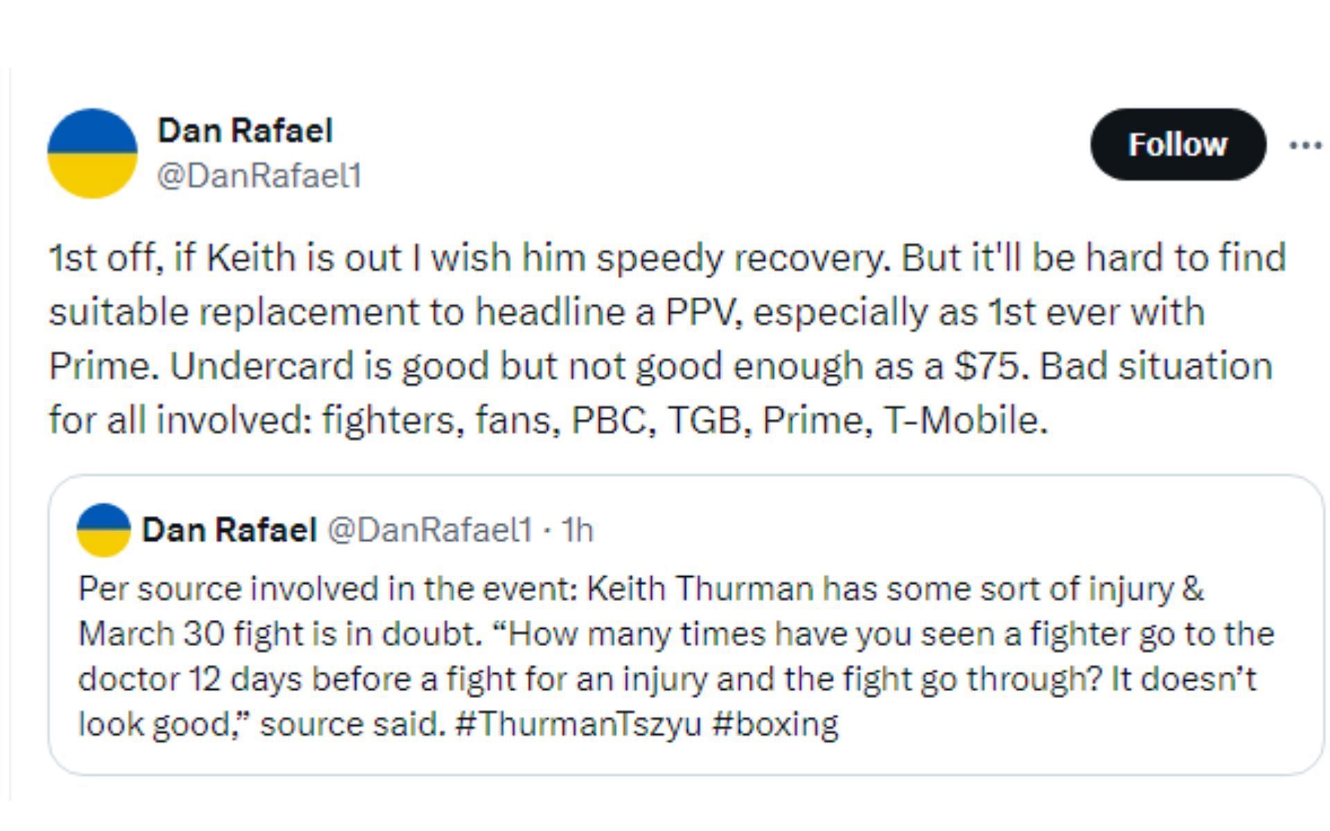 Rafael&#039;s tweets regarding Thurman vs. Tszyu [Image courtesy: @DanRafael1 - X]
