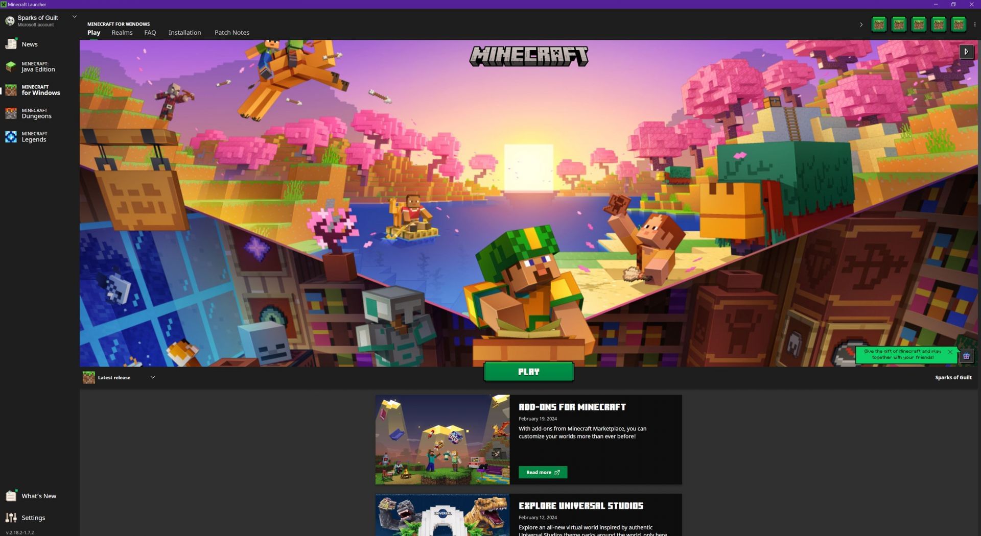 The launcher&#039;s home screen (Image via Mojang)