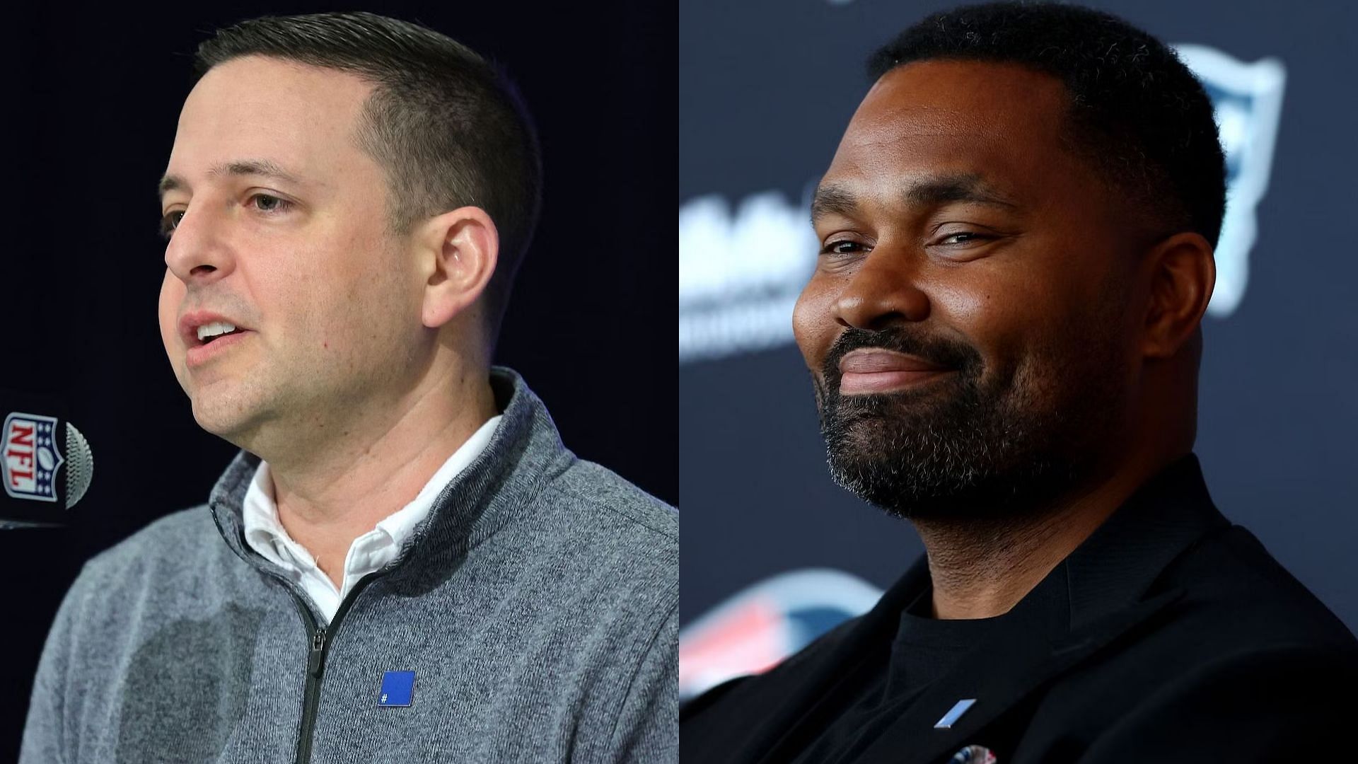 New England Patriots director of scouting Eliot Wolf and head coach Jerod Mayo
