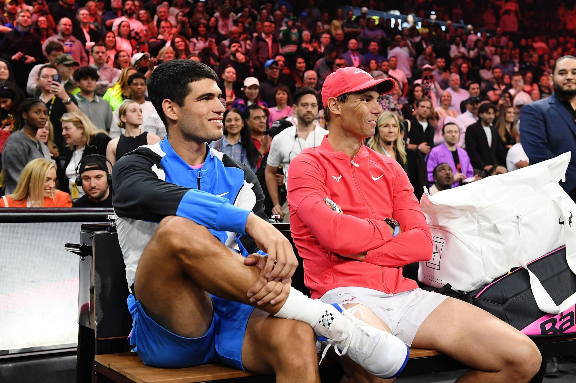 Carlos Alcaraz (L) and Rafael Nadal (R) at The Netflix Slam