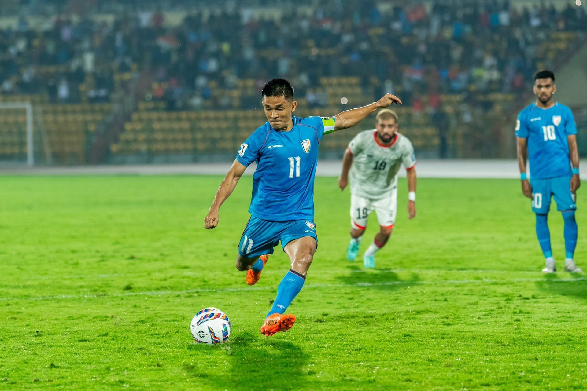 Sunil Chhetri in action for India against Afghanistan in Guwahati (Image Credits: X/Indian Football)