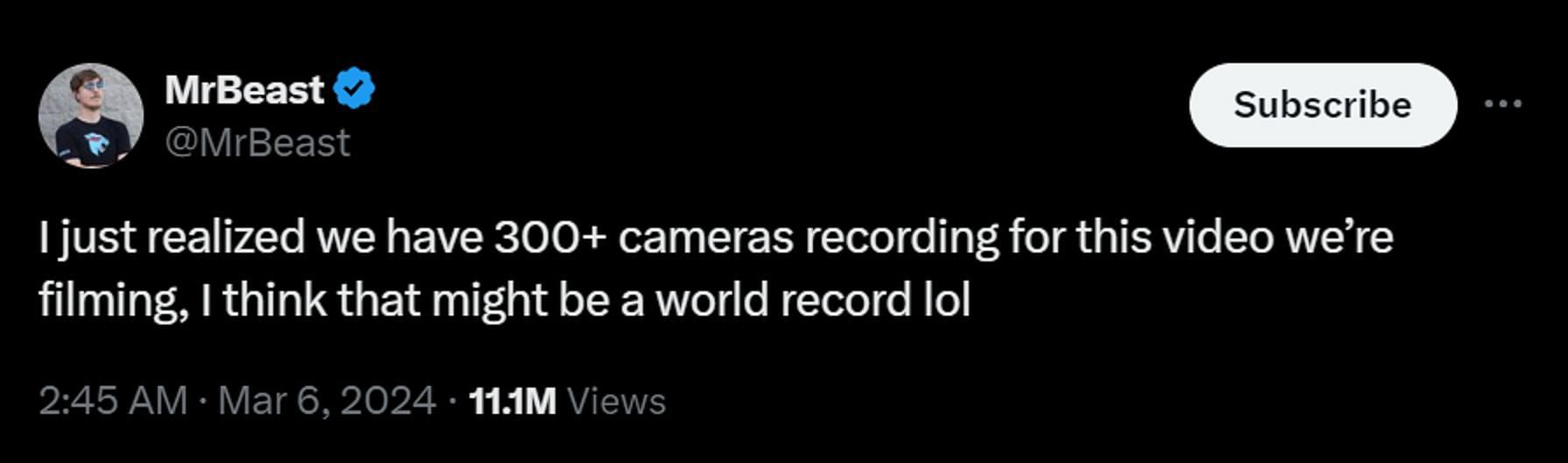 Jimmy shares an update regarding his next video with over 300 cameras (Image via X)