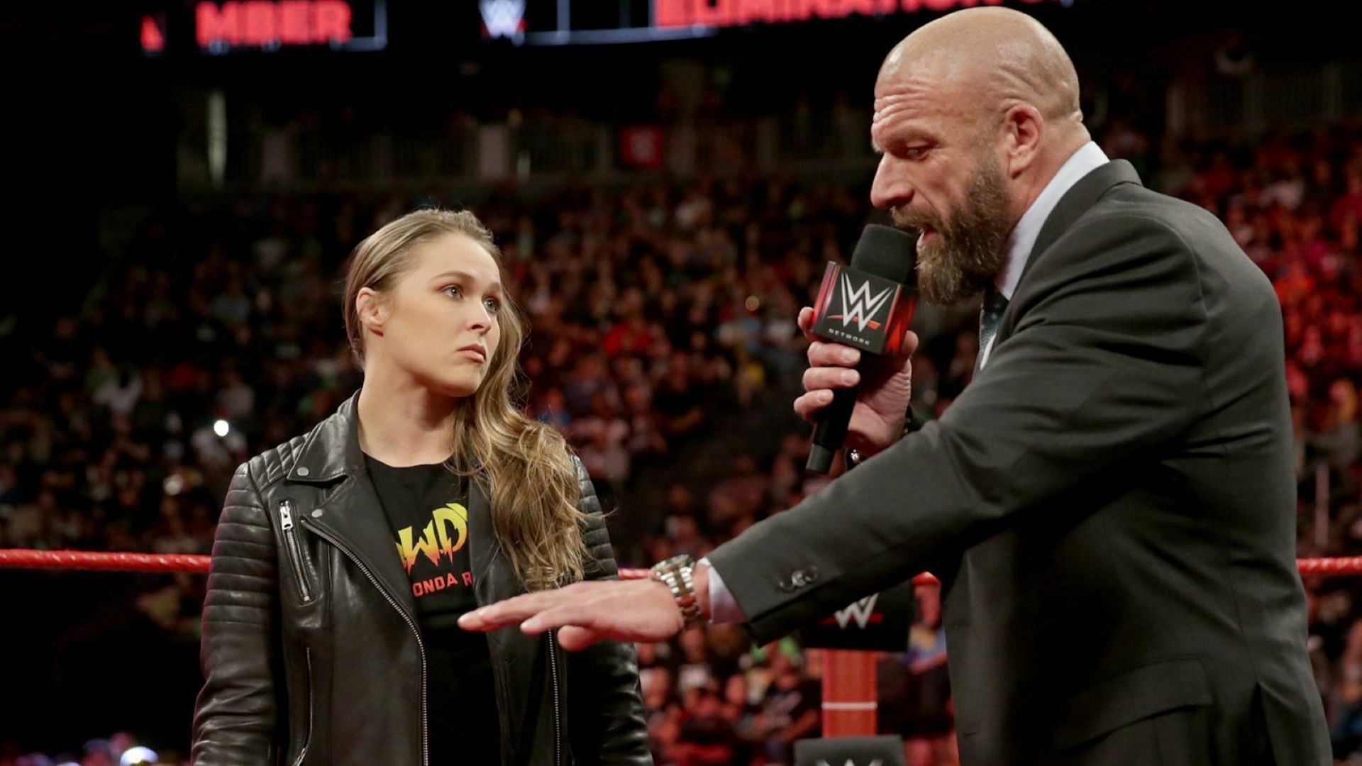 Ronda Rousey and Triple H speak at WWE Elimination Chamber