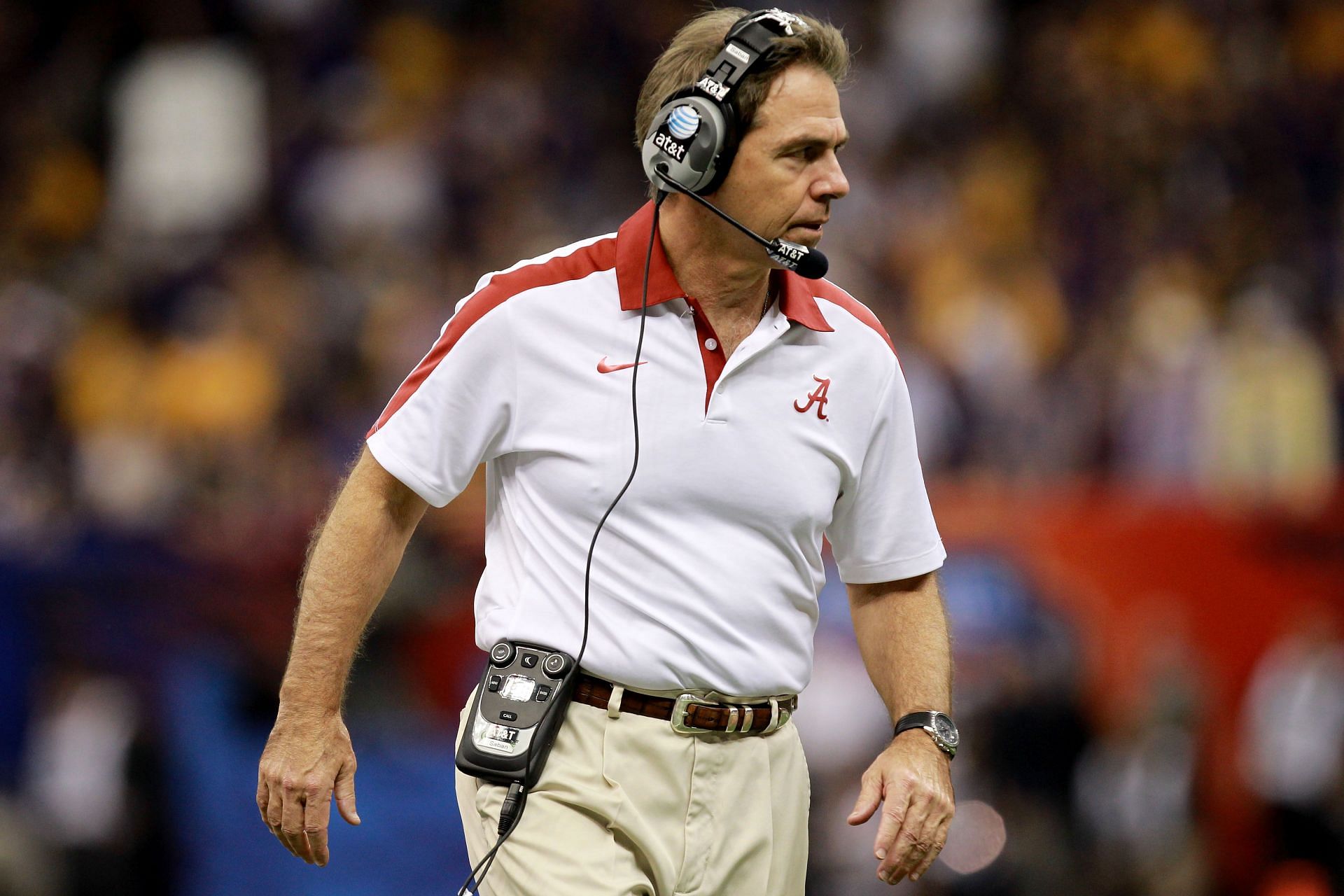 Former coach Nick Saban of the Alabama Crimson Tide looks on from the sidelines.