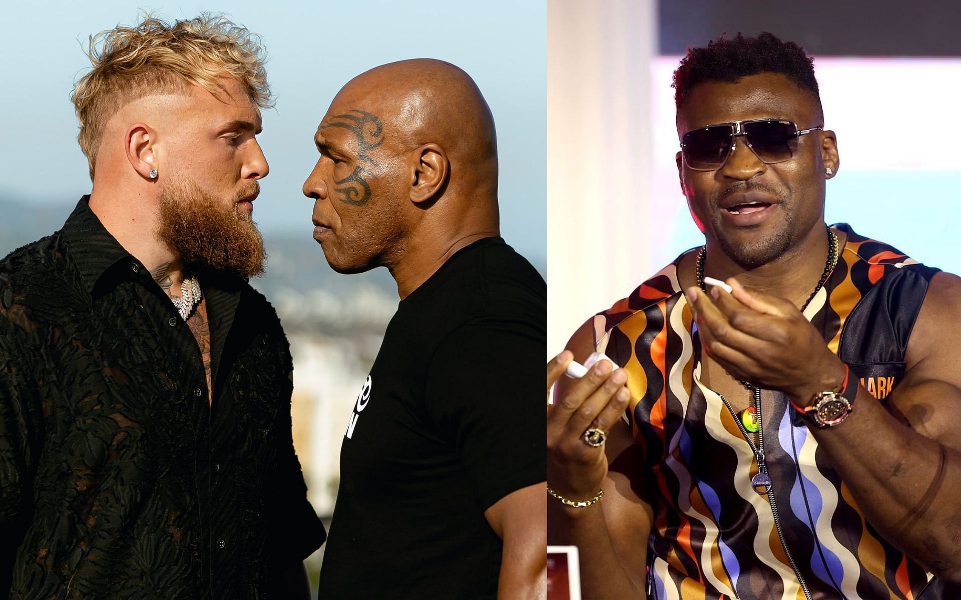 Francis Ngannou (right) is stunned by the news that Jake Paul and Mike Tyson (both left) will clash in the ring [Images Courtesy: @GettyImags and @jakepaul on X]
