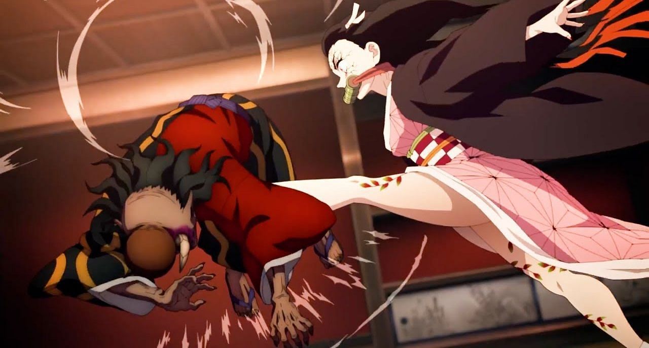 Nezuko kicking a demon (Image via Ufotable).