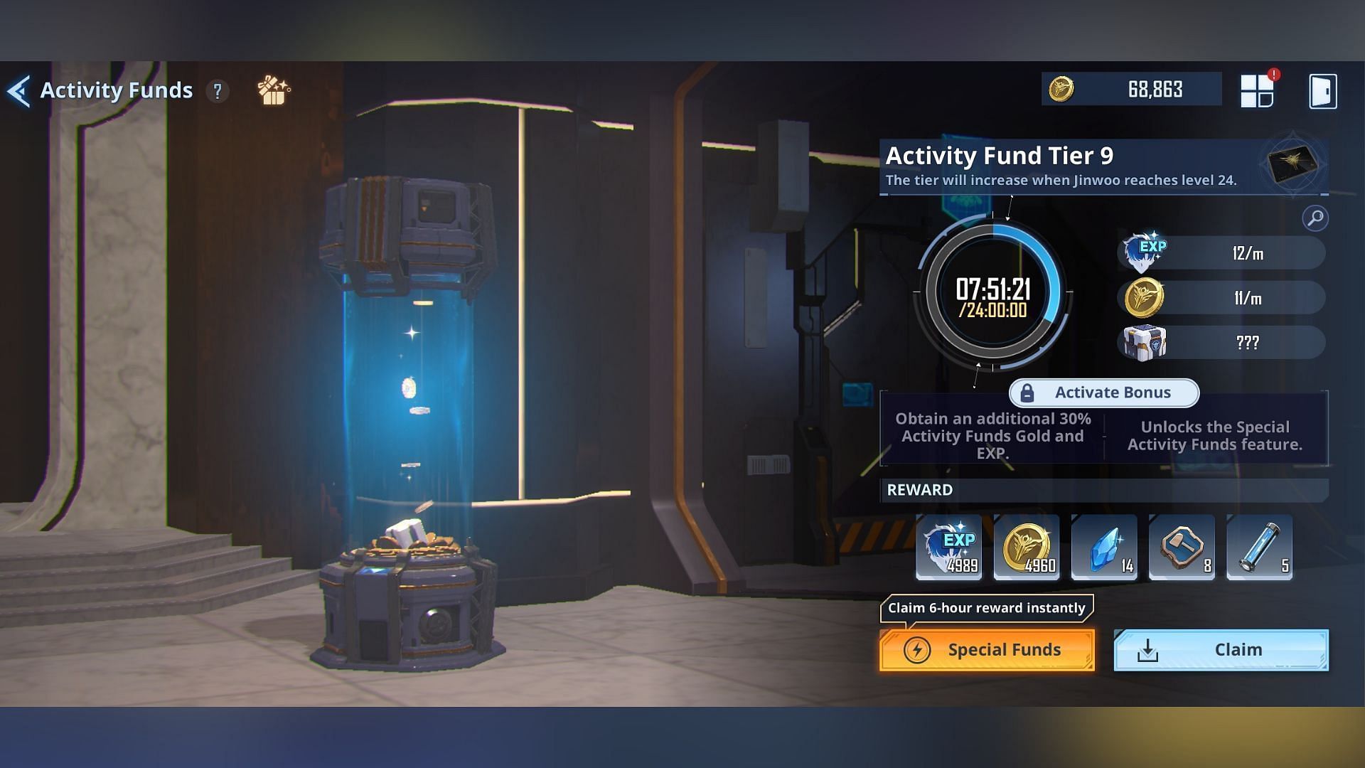 You can earn Gold passively from the Activity Funds system in Solo Leveling: Arise (Image via Netmarble)