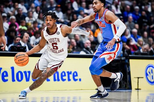 Meechie Johnson #5 of the South Carolina Gamecocks dribbles the ball to the basket against the Ole Miss Rebels during the first round of the 2023 SEC Men's Basketball Tournament.