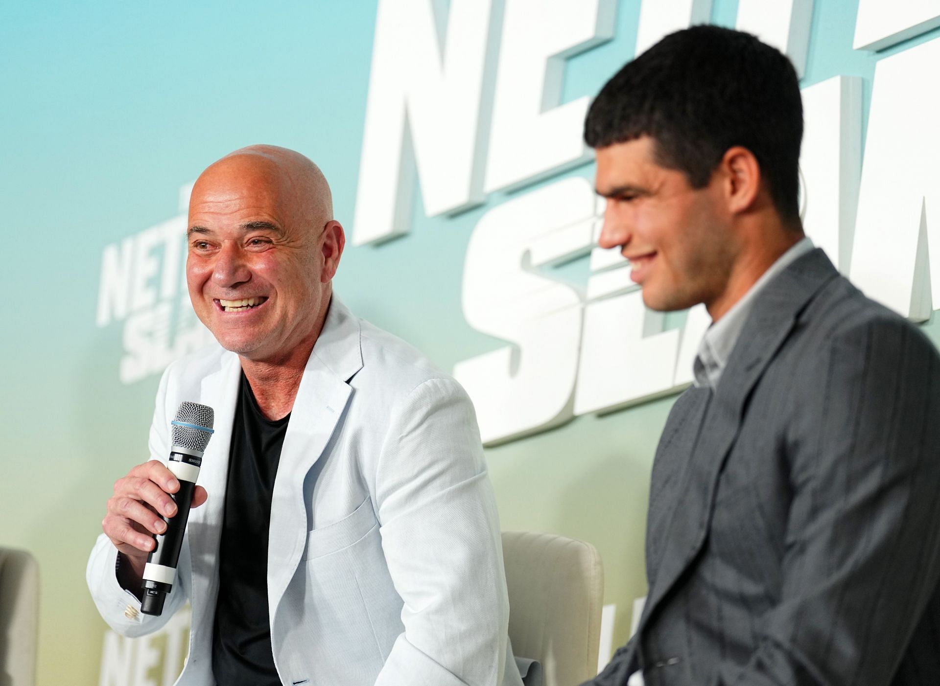 Andre Agassi pictured with Carlos Alcaraz at The Netflix Slam 2024