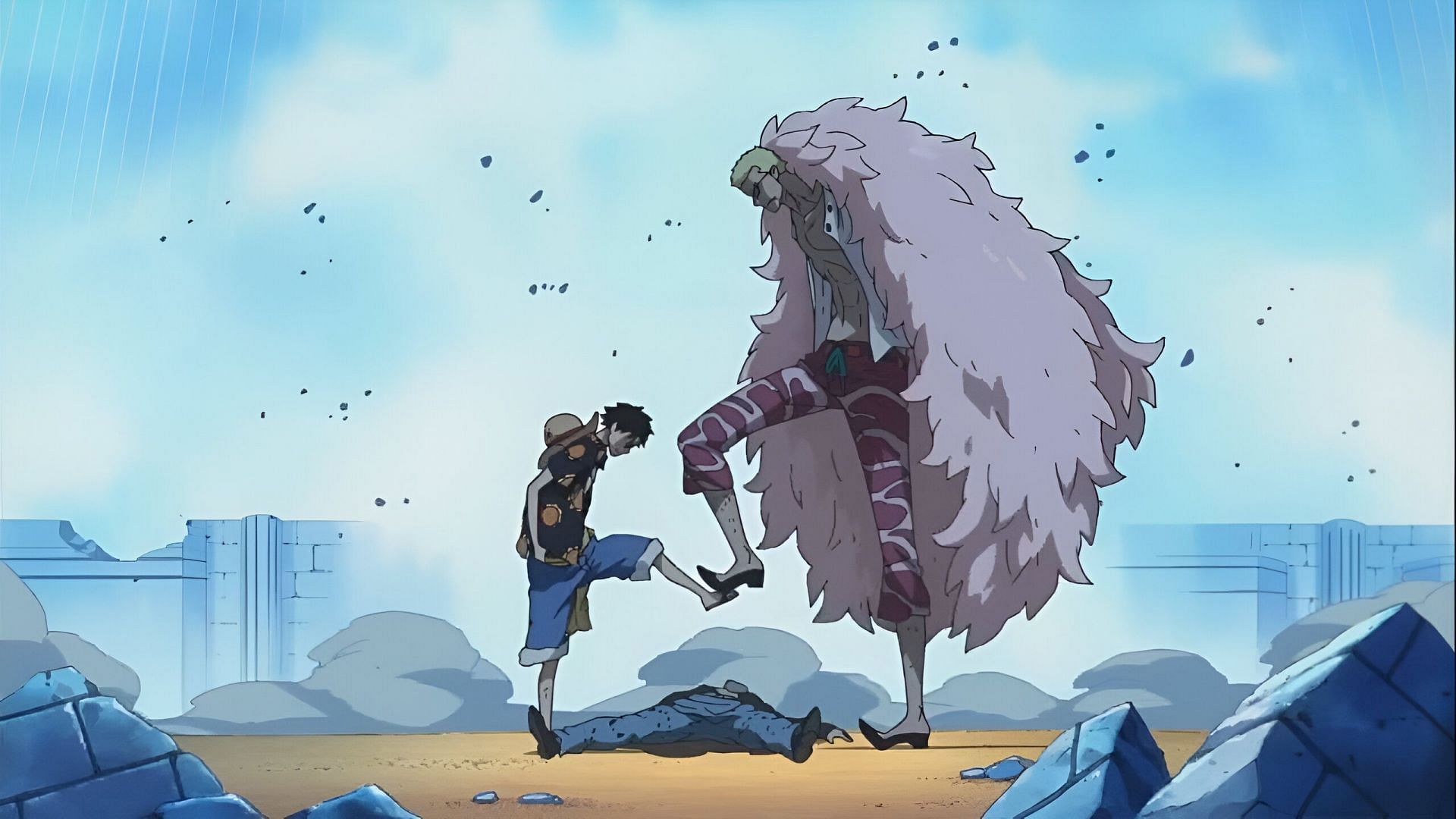 Luffy (left) and Doflamingo (right) as seen in the anime (Image via Toei Animation)