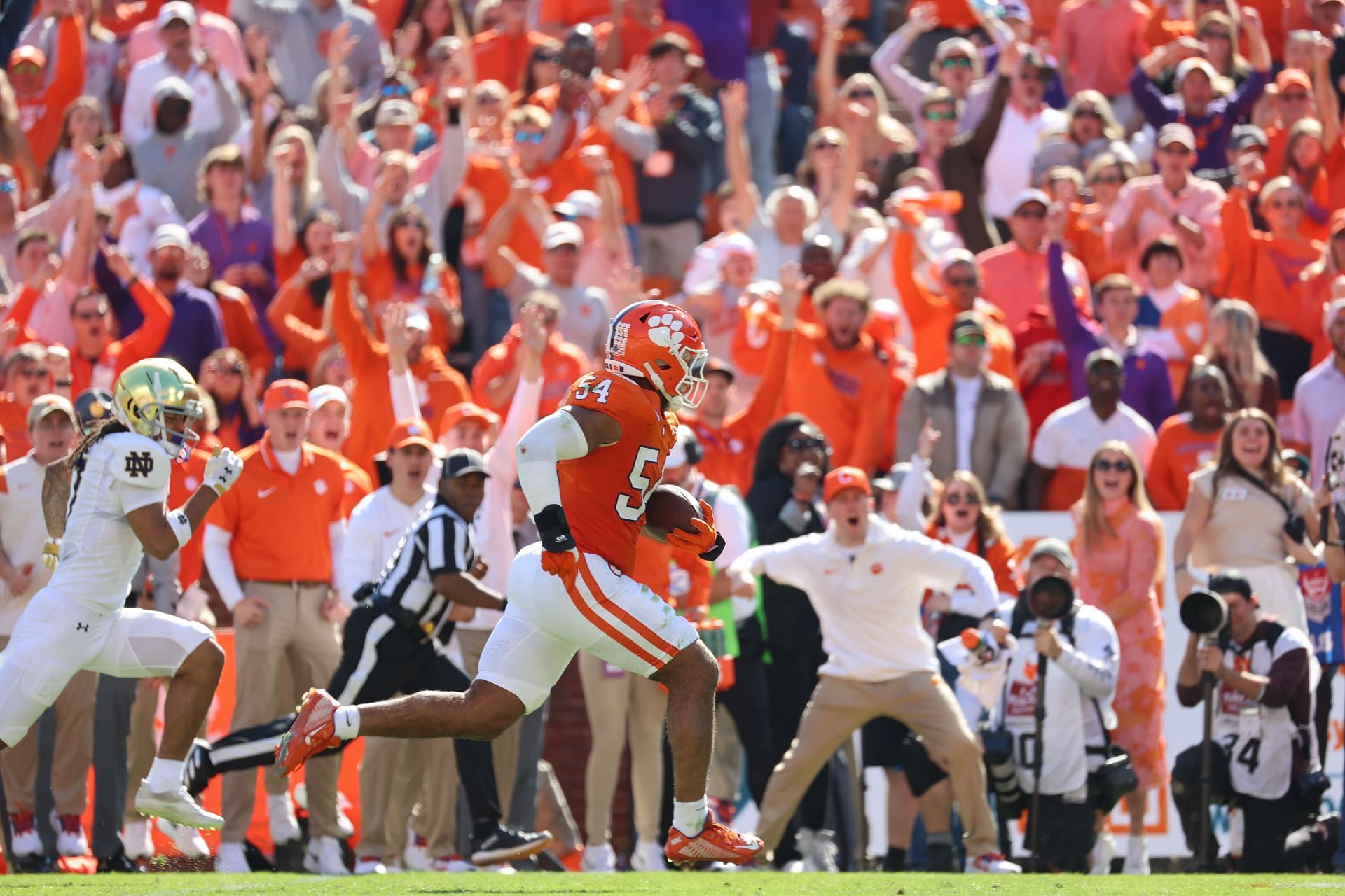 Jeremiah Trotter Jr. #54 of the Clemson Tigers intercepts the ball against the Notre Dame Fighting Irish