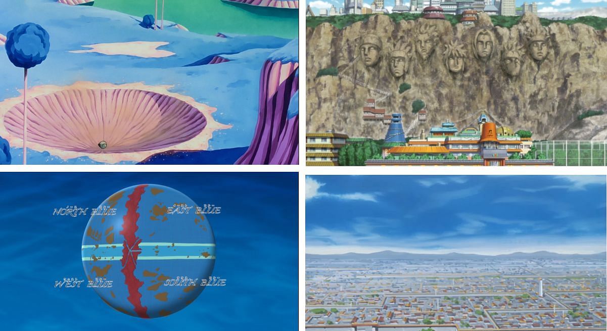 Planet Namek, Hokage Rock, Soul Society, and the Blue Sea in animation (Image via Toei animation, Studio Pierrot)
