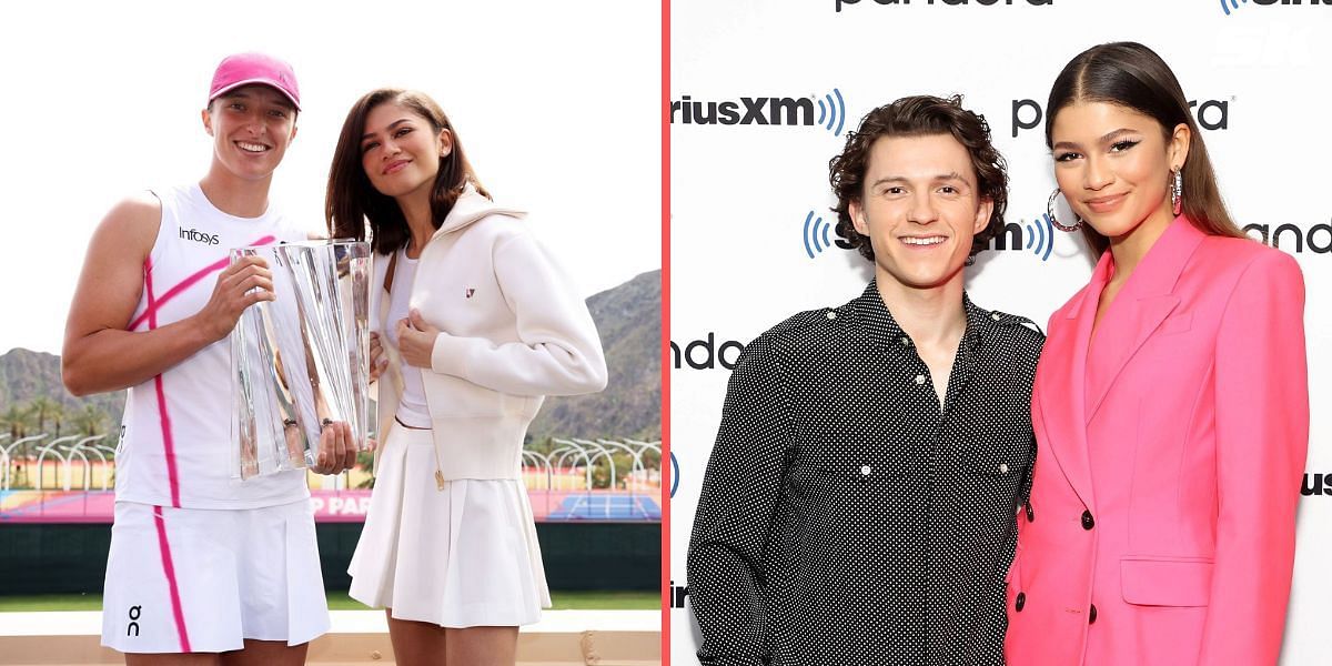 Iga Swiatek and Zendaya with the Indian Wells title (L), Tom Holland and Zendaya (R)