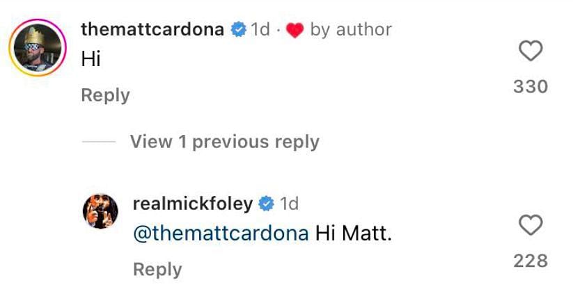 Screengrab of Matt Cardona commenting on Mick Foley&#039;s post on Instagram