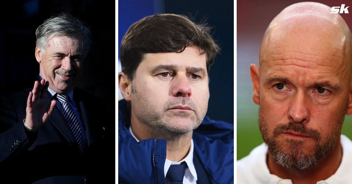 Real Madrid boss Carlo Ancelotti, Chelsea manager Mauricio Pochettino aand Manchester Untied tactician Erik ten Hag (from left to right)