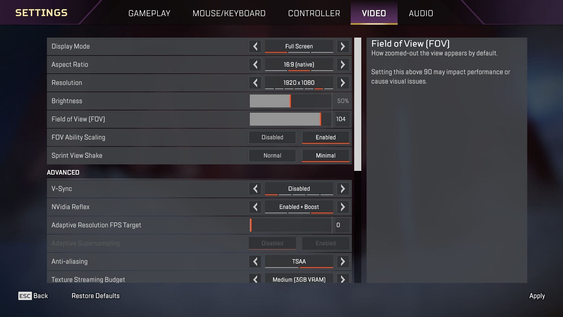 FOV settings in Apex Legends (Image via Respawn Entertainment)