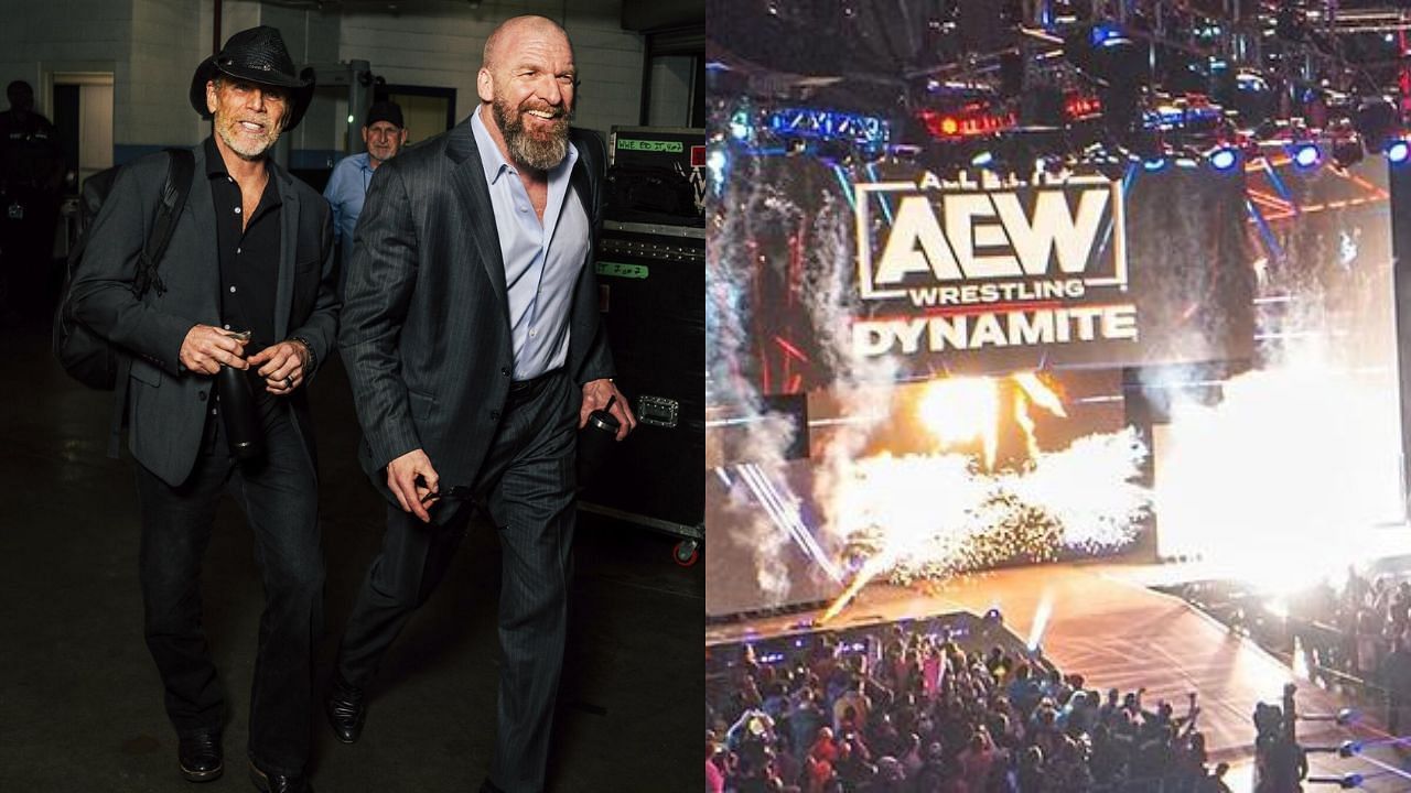 WWE stars Shawn Michaels &amp; Triple H (left) and AEW Dynamite stage (right)
