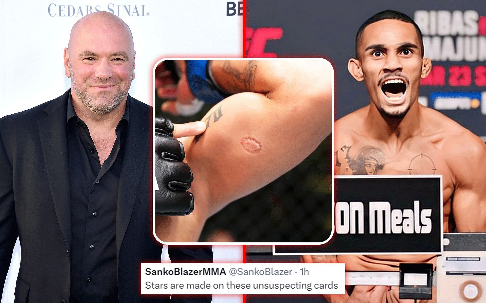 Dana White (left) announced a $50,000 bonus to Andre Lima (right) who was bit by his opponent at UFC Vegas 89 [Images Courtesy: Getty Images, @ufc, @andremascote and @lucasmineiromma Instagram]