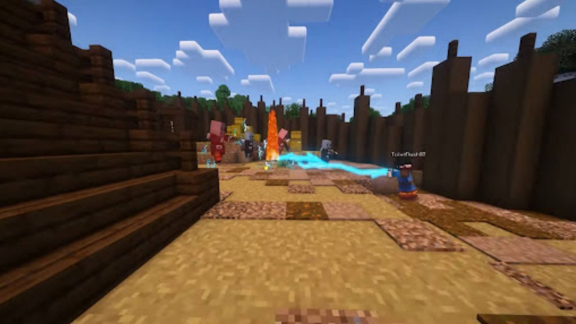 A Minecraft player blasts lightning at pillagers in a new structure in Iron&rsquo;s Spells &lsquo;n Spellbooks (Image via  Iron431/YouTube)