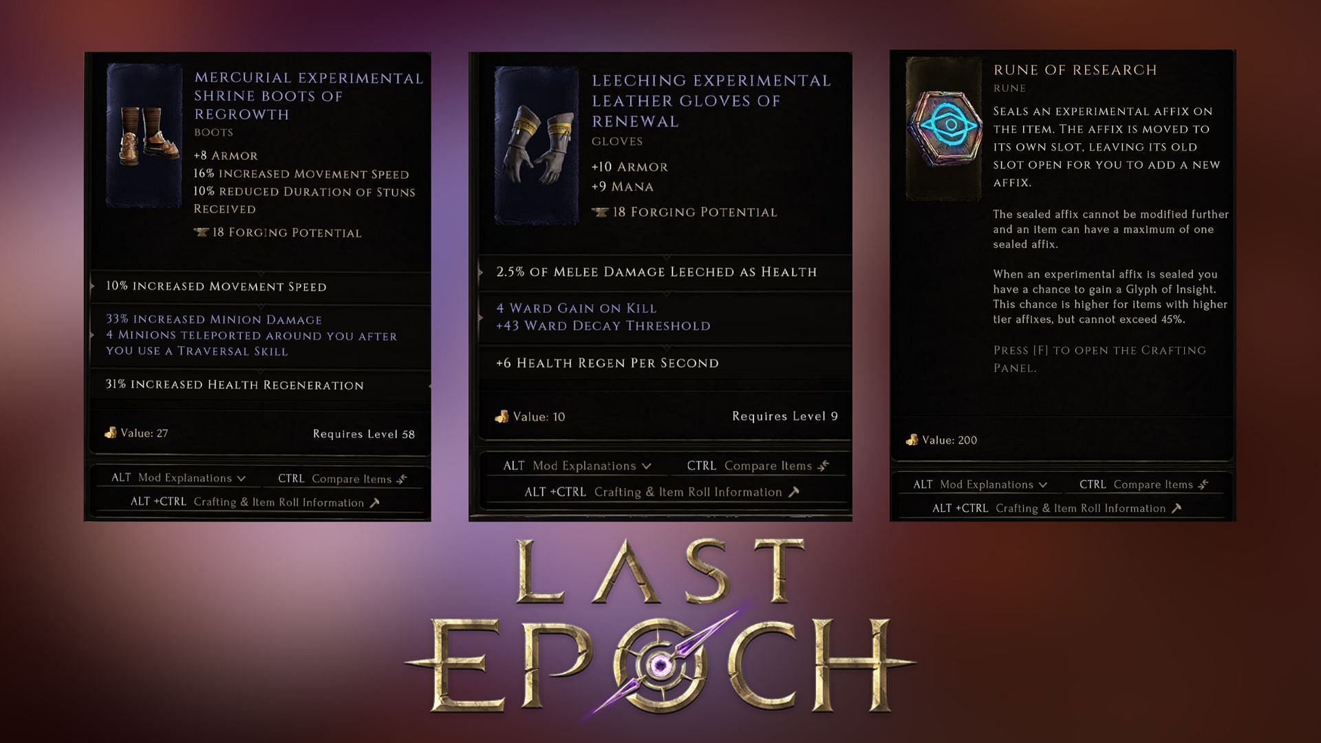 Experimental items an Affixes in Last Epoch