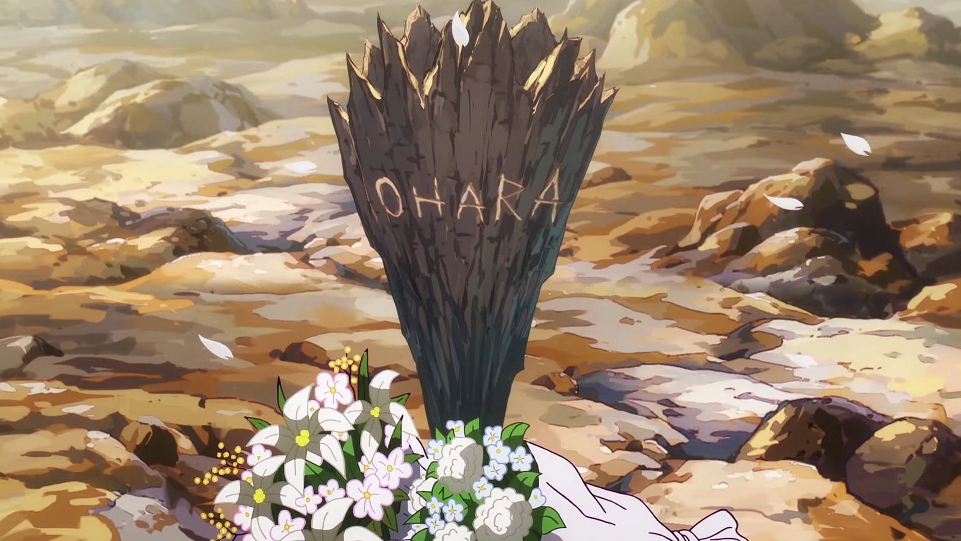 A touching tribute to the victims of Ohara as seen in One Piece episode 1097 (Image via Toei Animation)