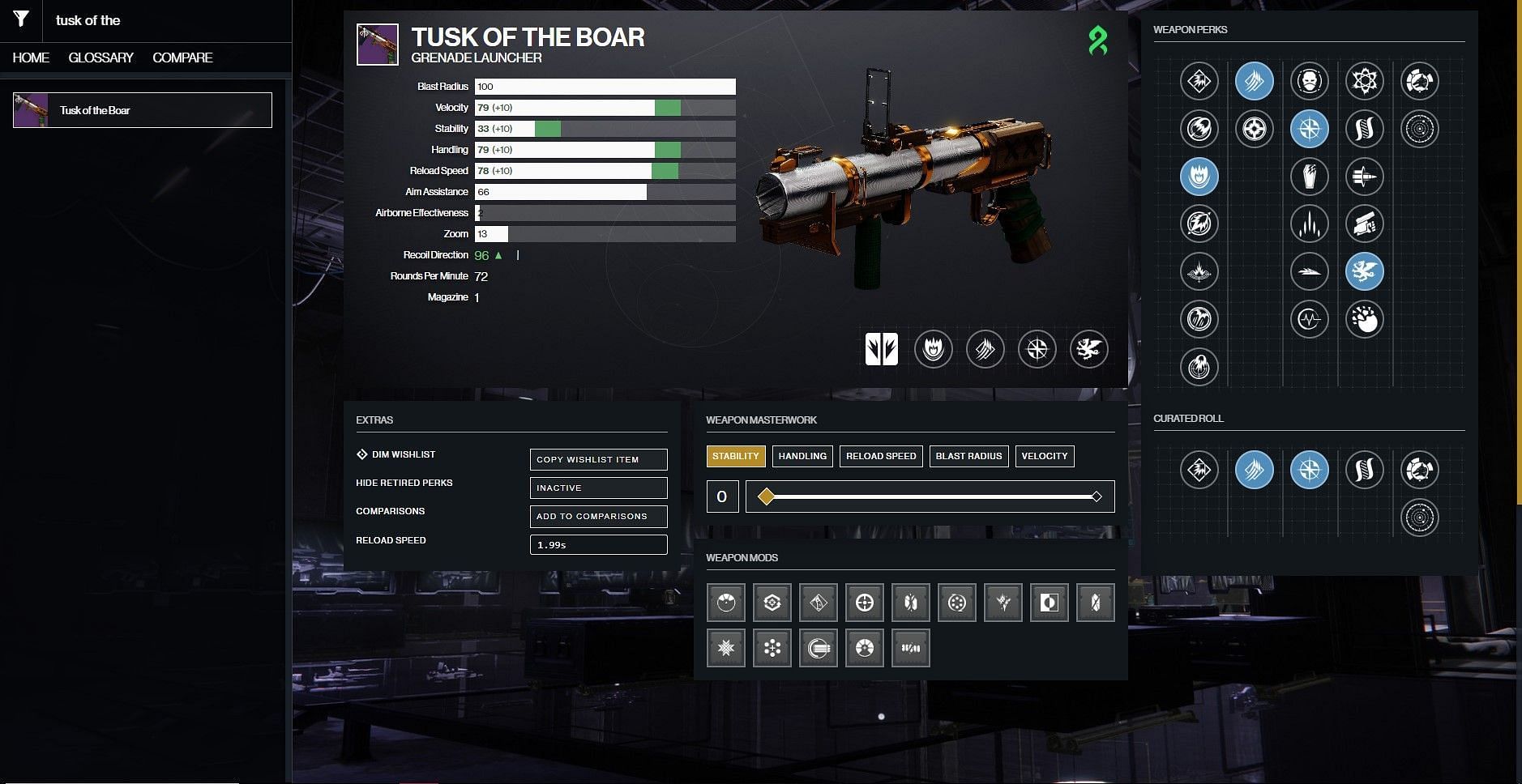 Tusk of the Boar PvP god roll in Destiny 2 (Image via D2Gunsmith)