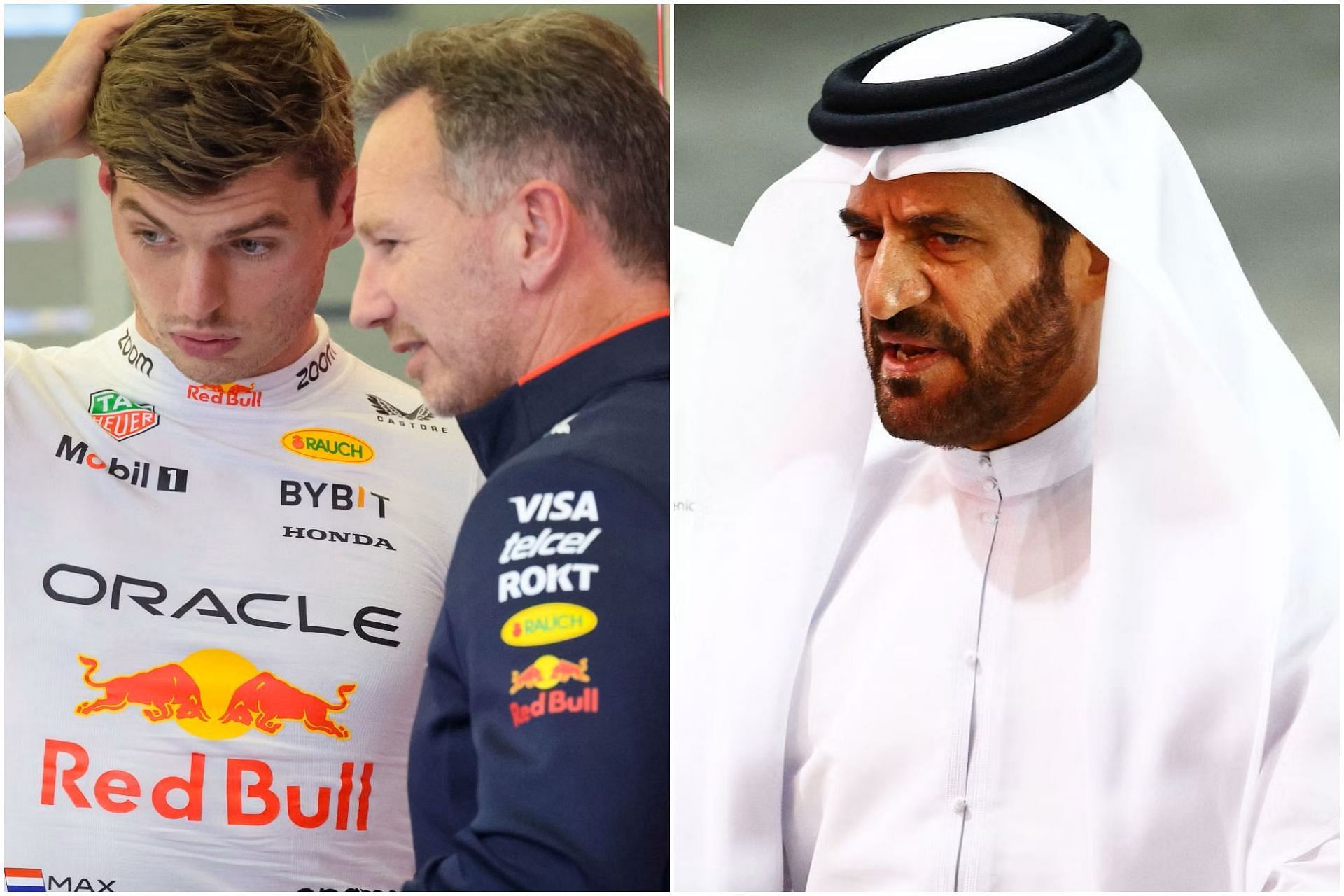 Max Verstappen and Christian Horner (L) and Mohammed Ben Sulayem (R) (Collage via Sportskeeda)