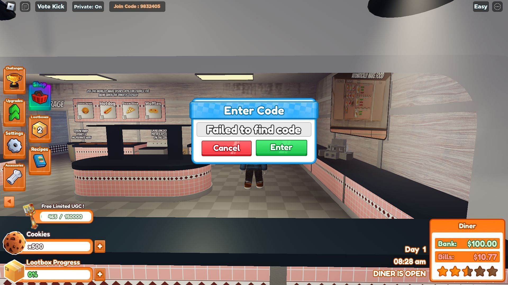 Troubleshooting codes for Diner Simulator (Image via Roblox)