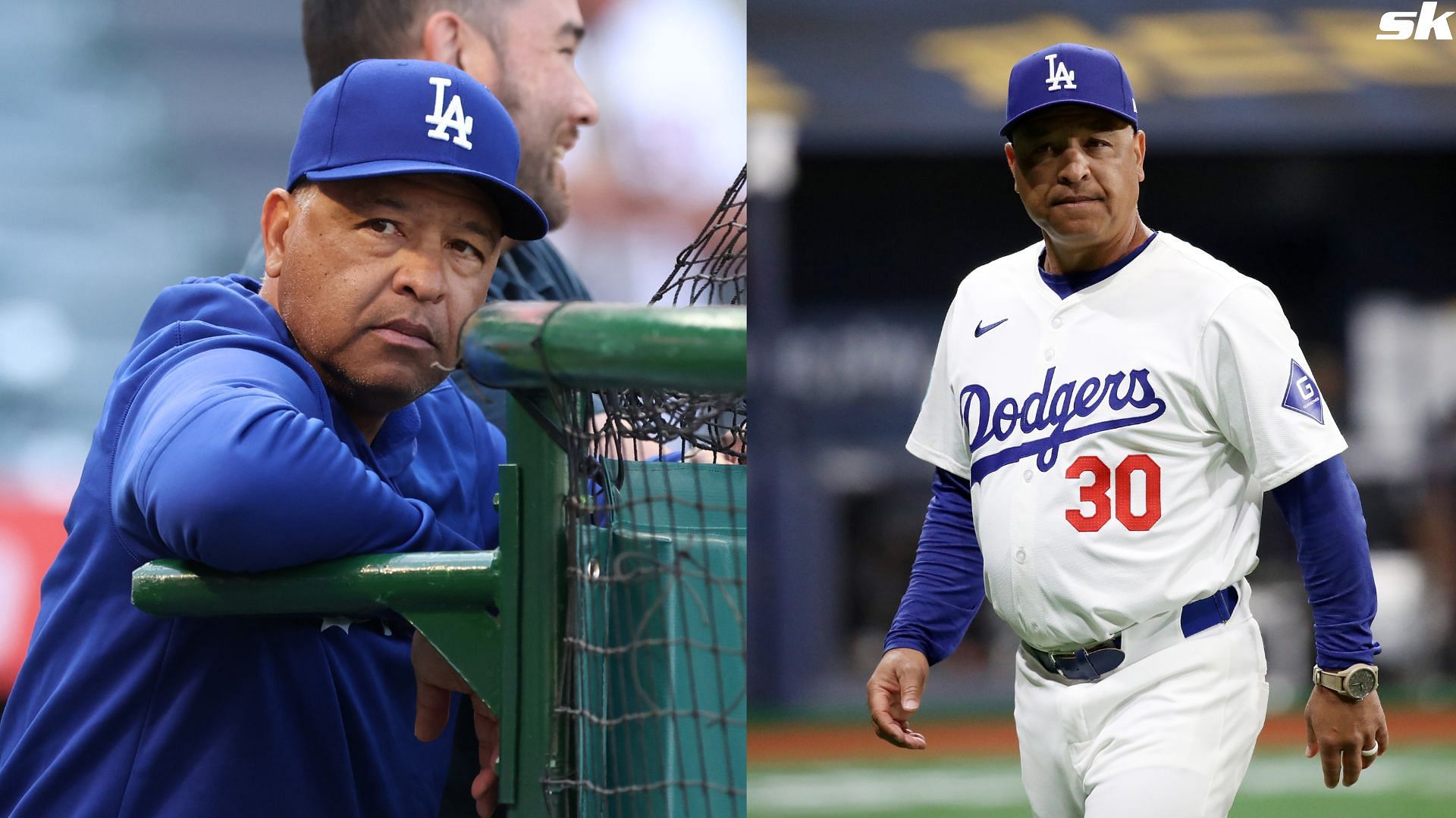 Manager Dave Roberts of the Los Angeles Dodgers looks on ahead of a game against the Los Angeles Angels at Angel Stadium of Anaheim