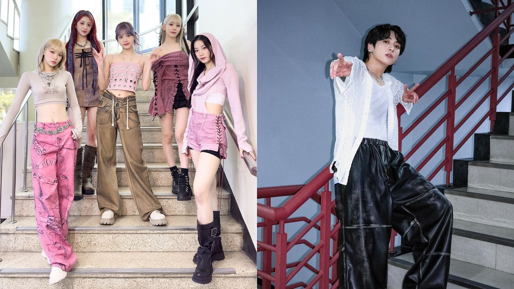 Viral KBS Music Bank TikTok challenge stairs to follow ticketing system following increased demand. (Images via X/@le_sserafim and @bts_bighit)