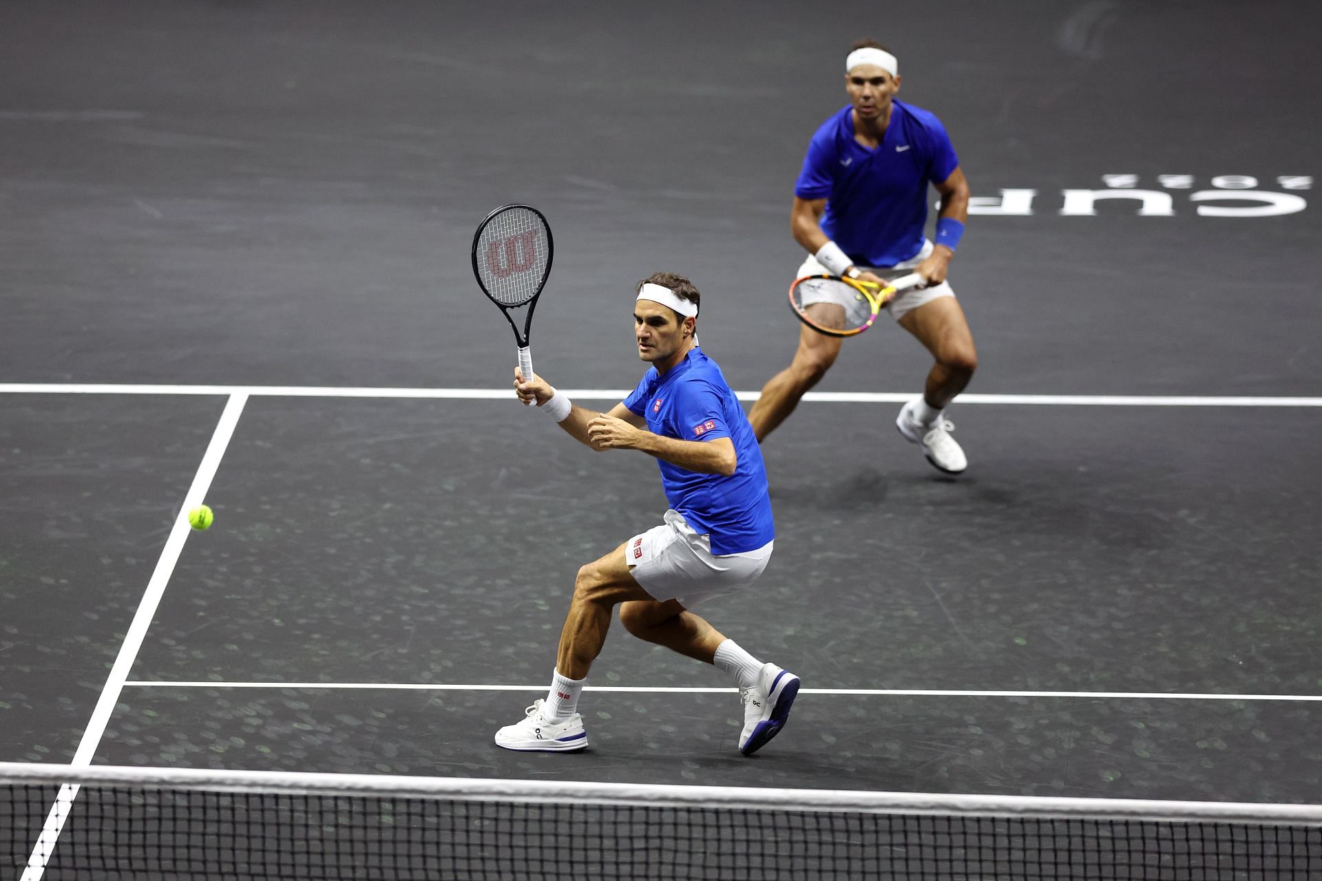 Roger Federer hits a volley at Laver Cup 2022