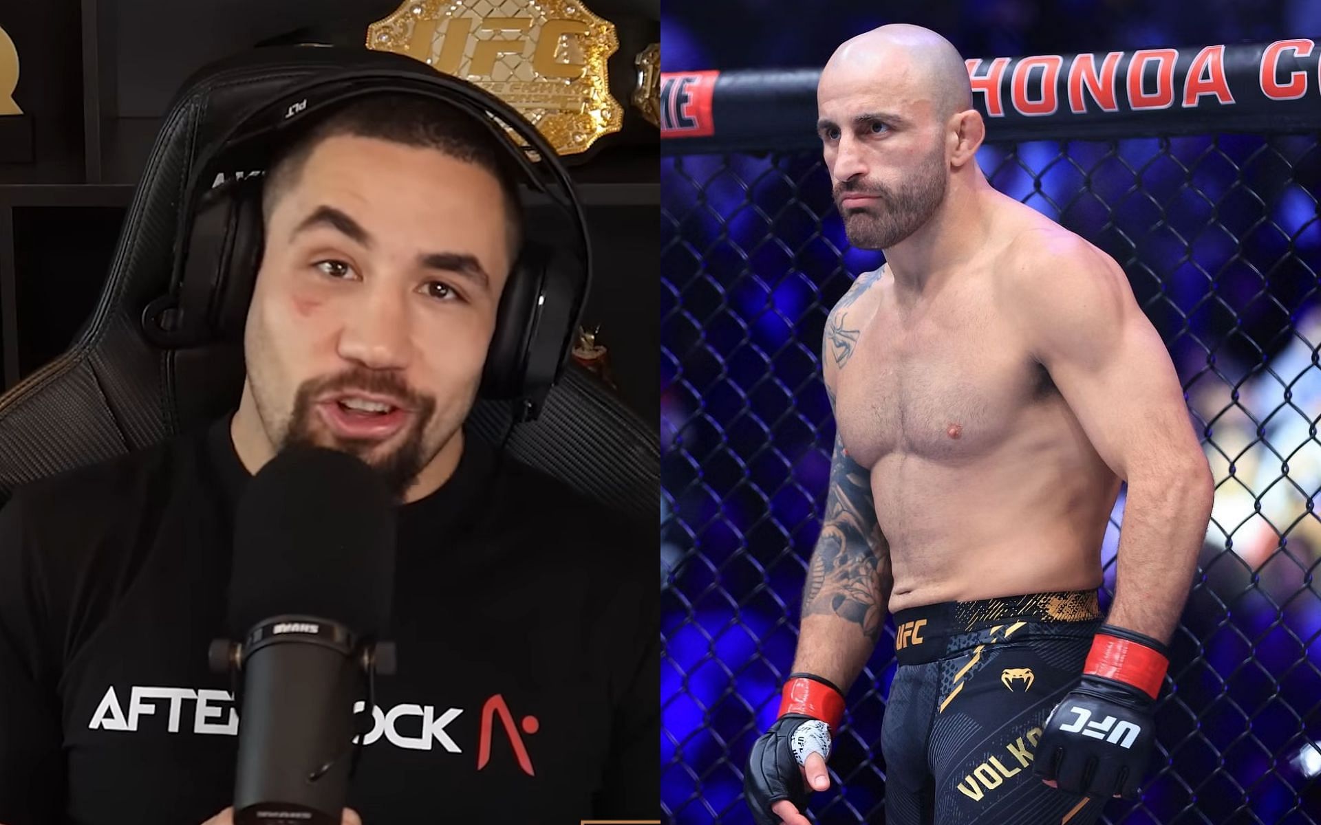 Robert Whittaker (left) explains why Alexander Volkanovski (right) may not be able to take too long of a break following KO loss [Images Courtesy: @GettyImages and @MMArcadepodcast on YouTube]