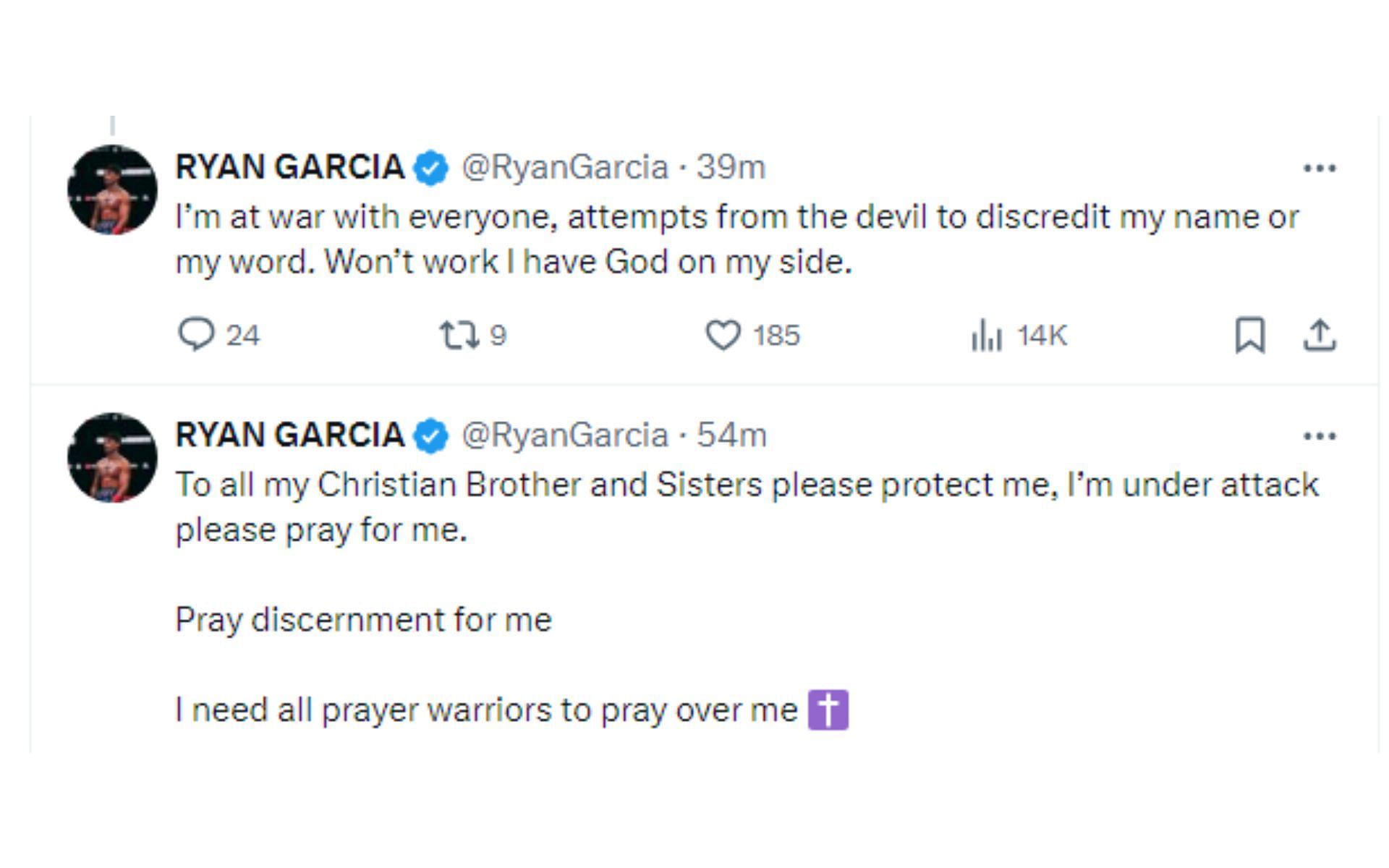 Ryan Garcia&#039;s tweet claiming he is under attack [Image courtesy: @RyanGarcia - X]