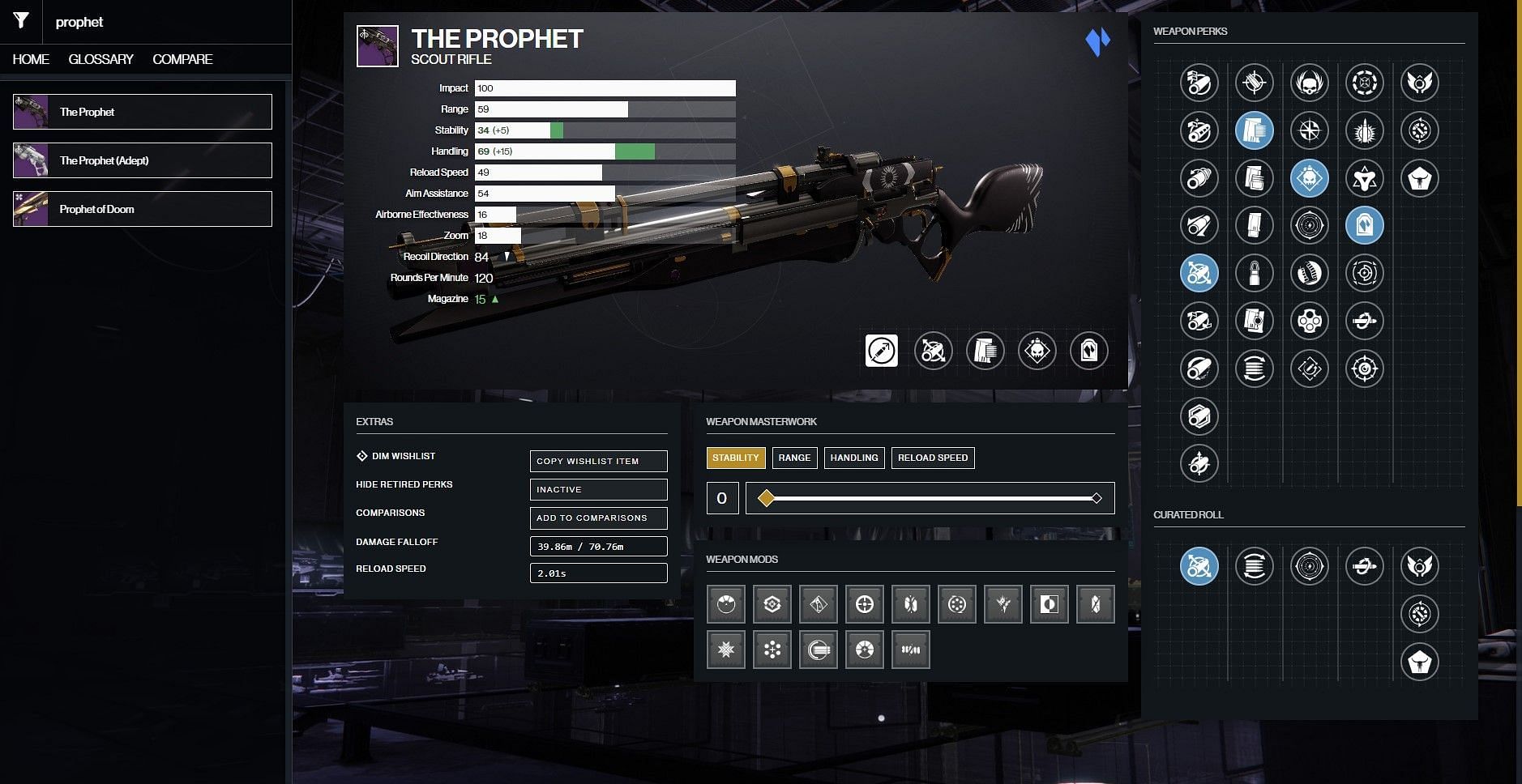 The Prophet god roll for Destiny 2 PvE (Image via D2Gunsmith)