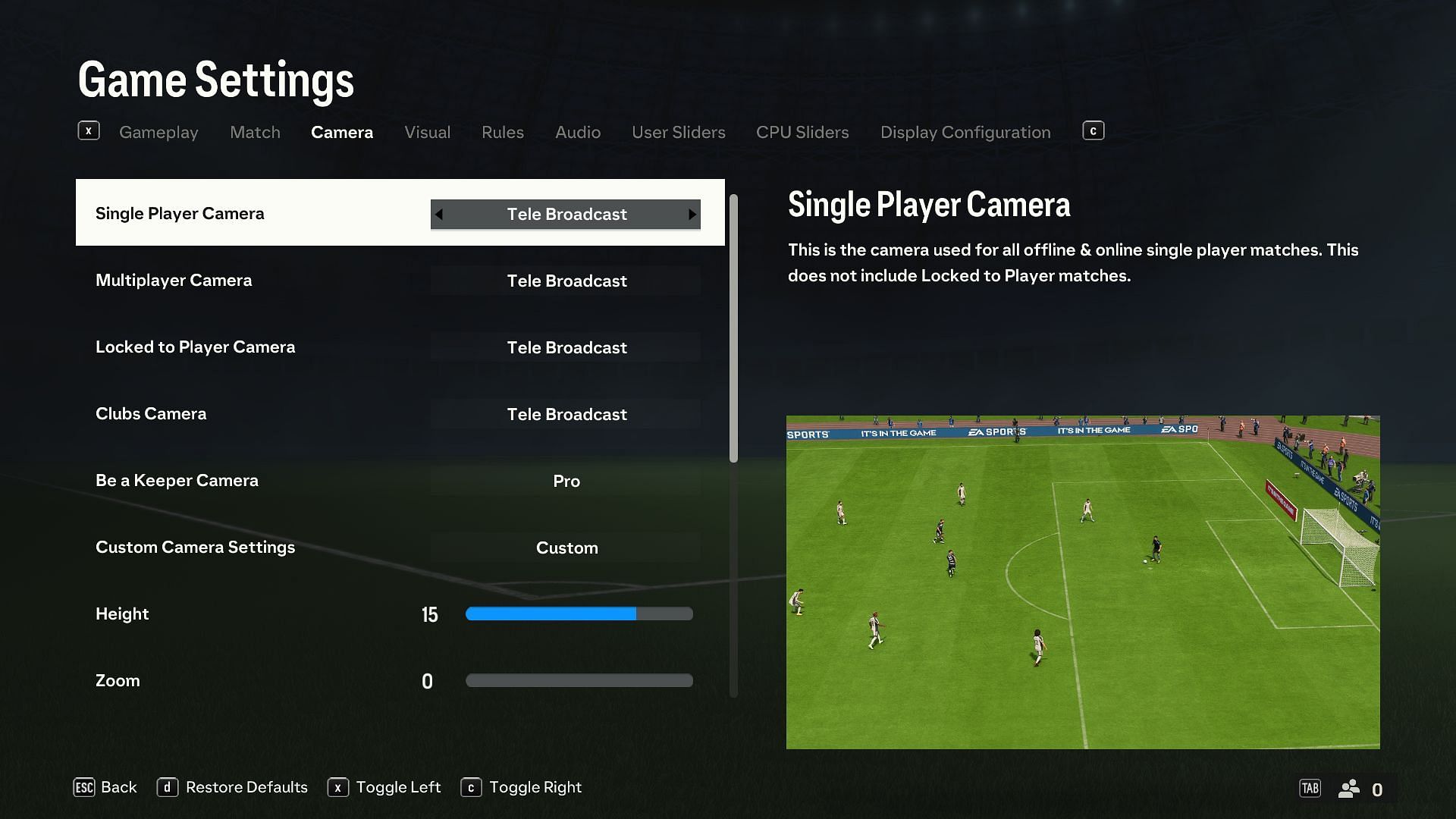 Where to find camera settings in the game. (Image via EA Sports)