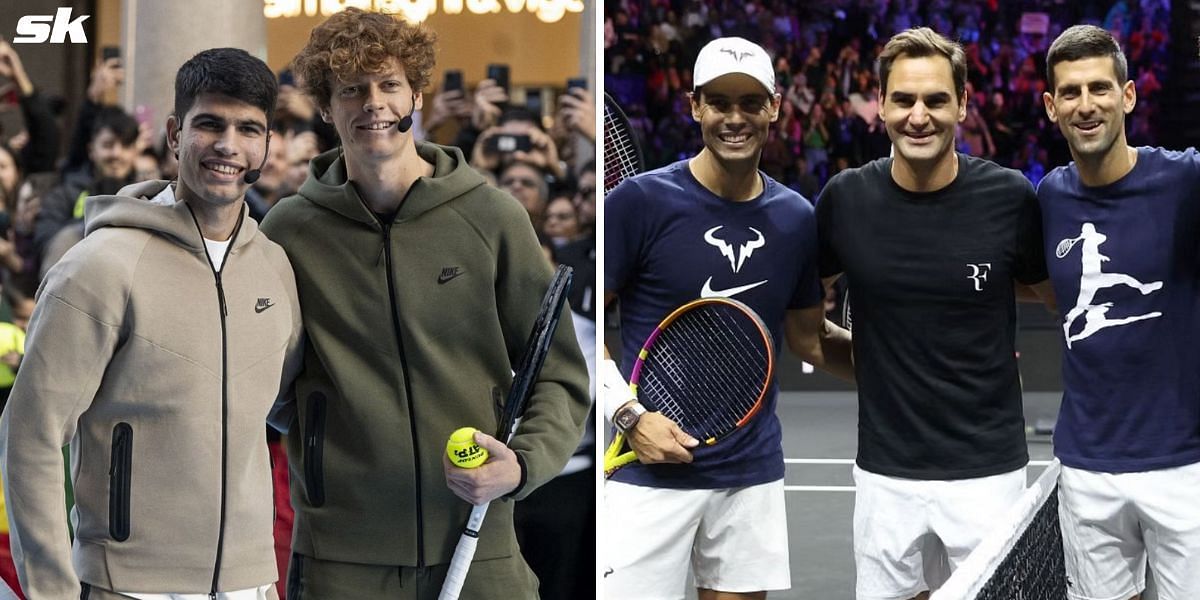 (From L to R): Carlos Alcaraz, Jannik Sinner, Rafael Nadal, Roger Federer and Novak Djokovic