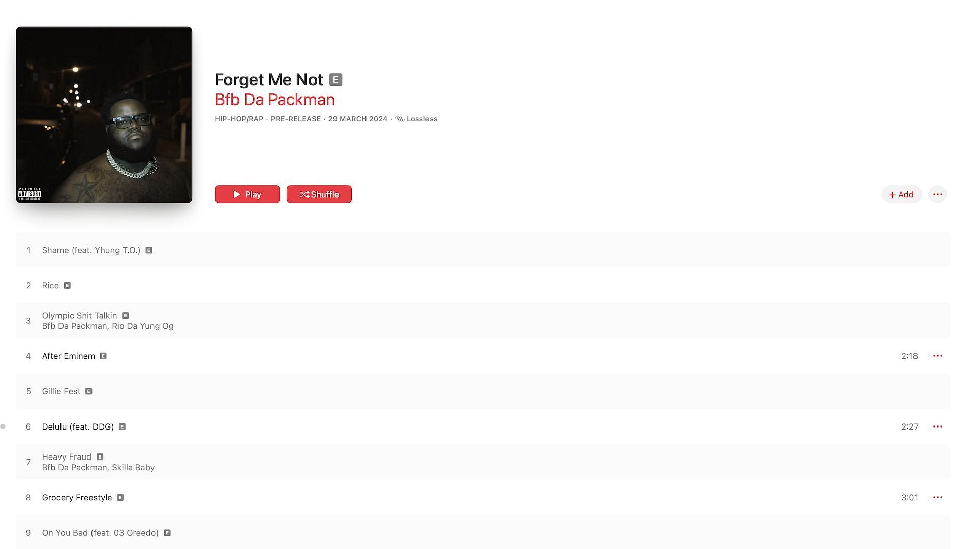 A screenshot of the pre-save link for BFB DA PACKMAN&#039;s upcoming album on Apple Music (Image via Apple Music)