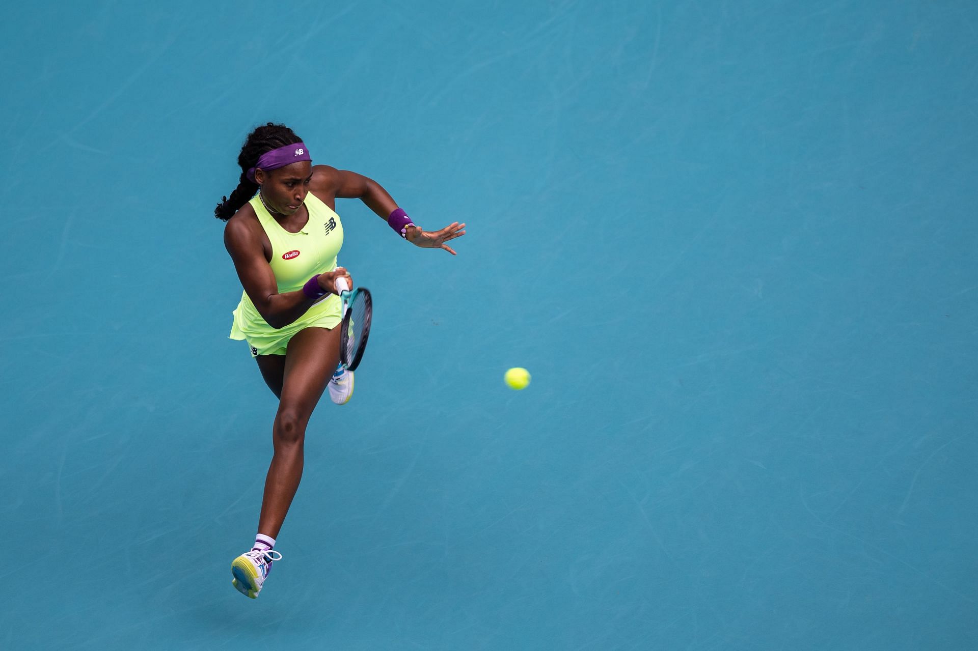 Coco Gauff chases down a ball at Miami