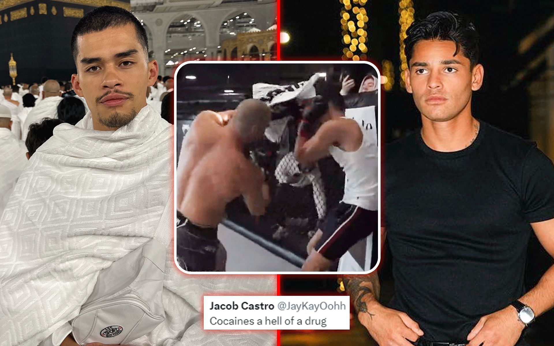 Sneako (left) suffered a beatdown during his sparring session (inset) with Sean Strickland; boxer Ryan Garcia (right) has vowed to put a worse beating on the streamer than Strickland did [Images courtesy: @sneako on X, SNEAKO on Rumble, @kingryan on Instagram]