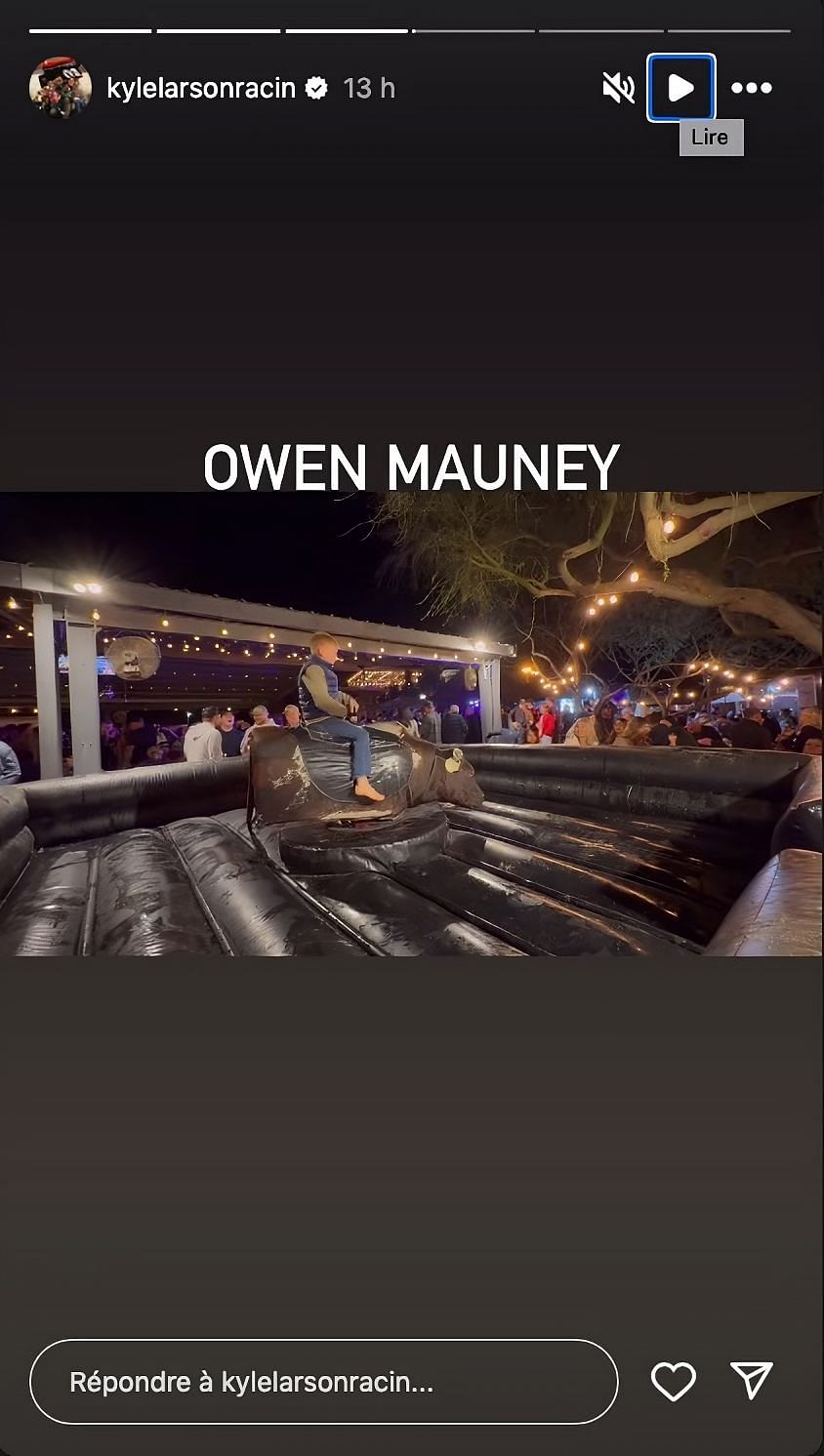 Larson&#039;s next Instagram story was a video of his 8-year-old son, Owen Miyata, trying to ride an automatic bull riding machine.