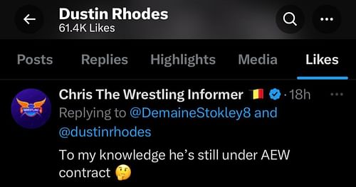 Screenshot of Dustin Rhodes liking a fan's tweet