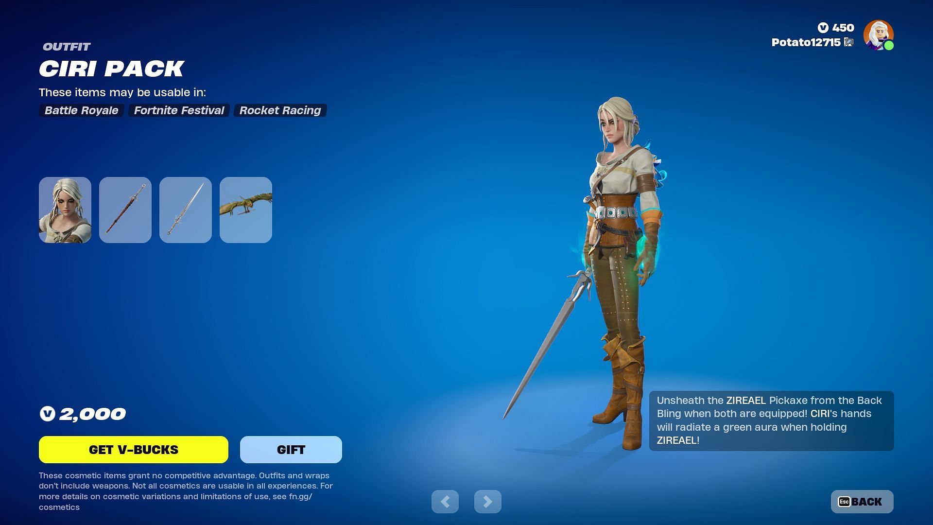 Ciri Pack is currently listed in the Item Shop (Image via Epic Games/Fortnite)