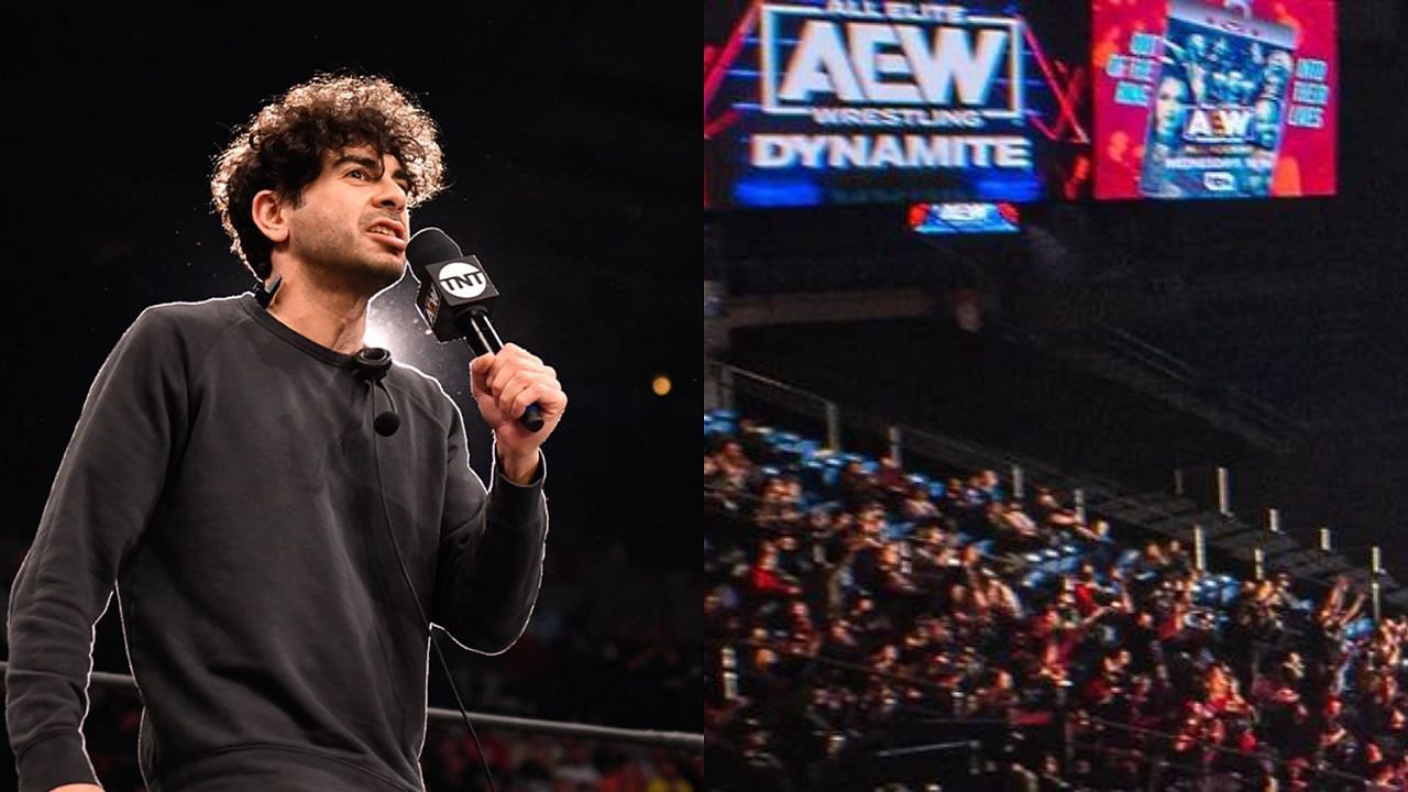 Tony Khan (left) and AEW arena (right)