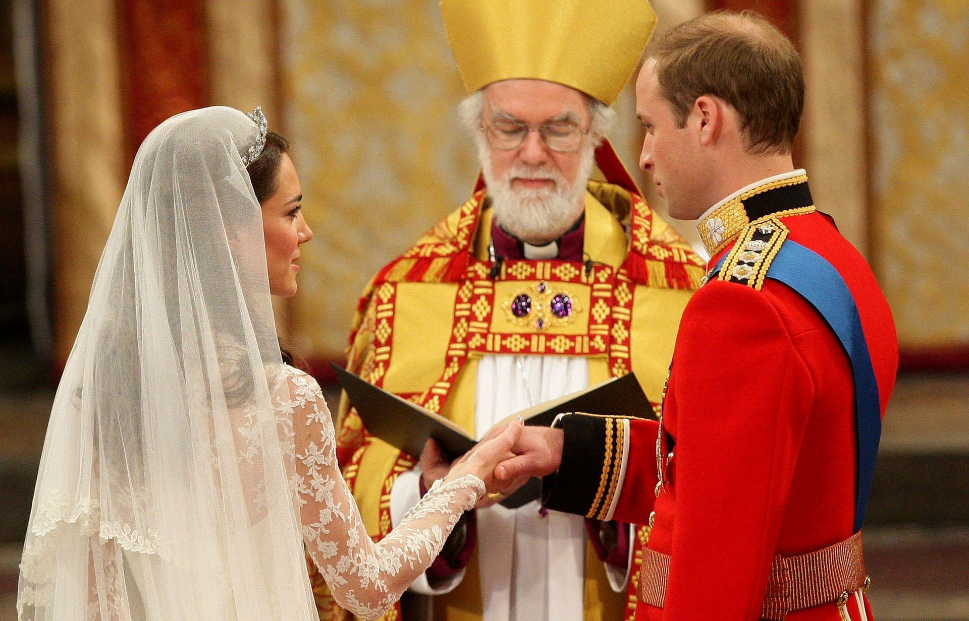Prince William and Catherine Middleton take their vows during their Royal wedding ceremony at Westminster Abbey (Source: Getty)