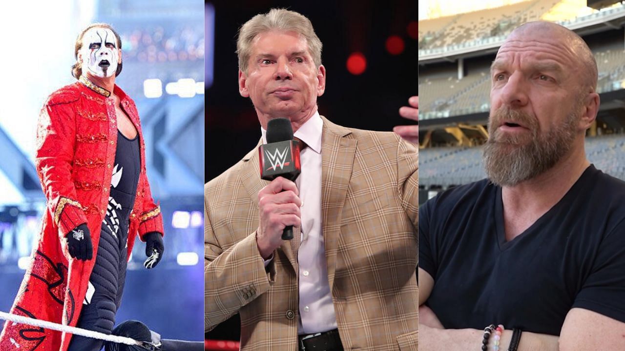 Sting (left), Vince McMahon (center) and Triple H (right)