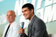 Andre Agassi (L) and Carlos Alcaraz (R) at the Netflix Slam's Media Availability event
