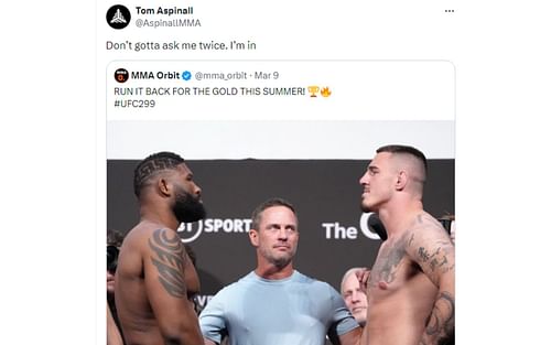 Aspinall's tweet regarding rematch with Blaydes [Image courtesy @AspinallMMA- X]