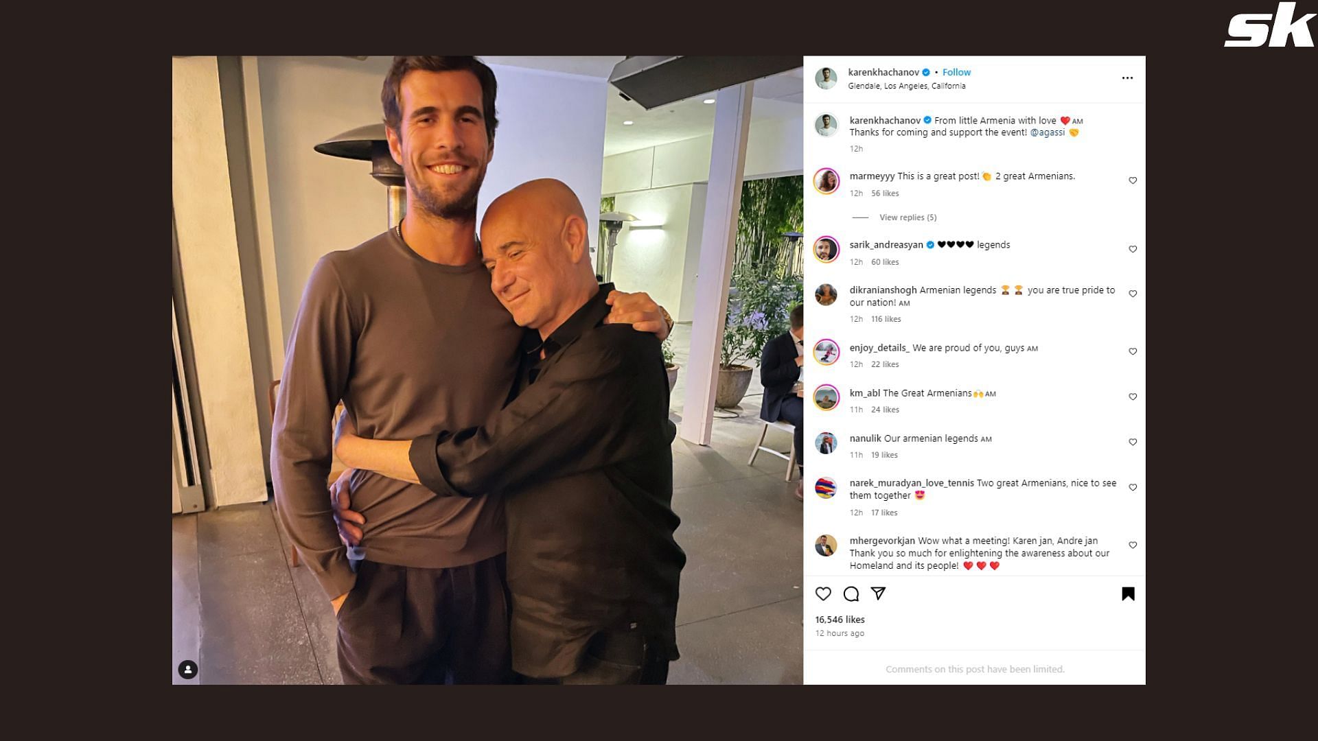 Karen Khachanov shares a light-hearted moment with Andre Agassi in Glendale, Los Angeles, California