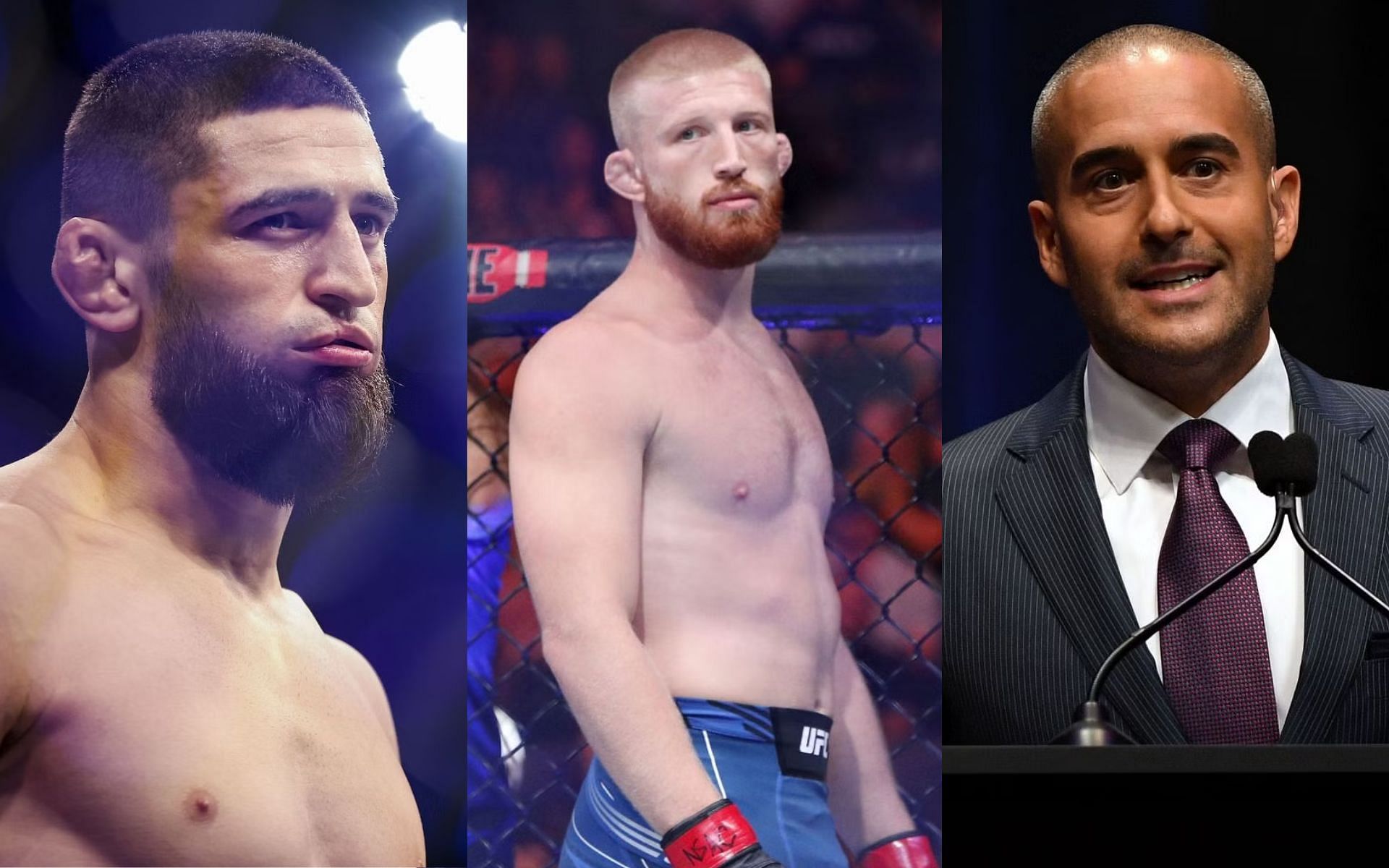 Jon Anik (right) compares Khamzat Chimaev (left) to Bo Nickal (middle) following outcry over his UFC 300 slot [Images Courtesy: @GettyImages]